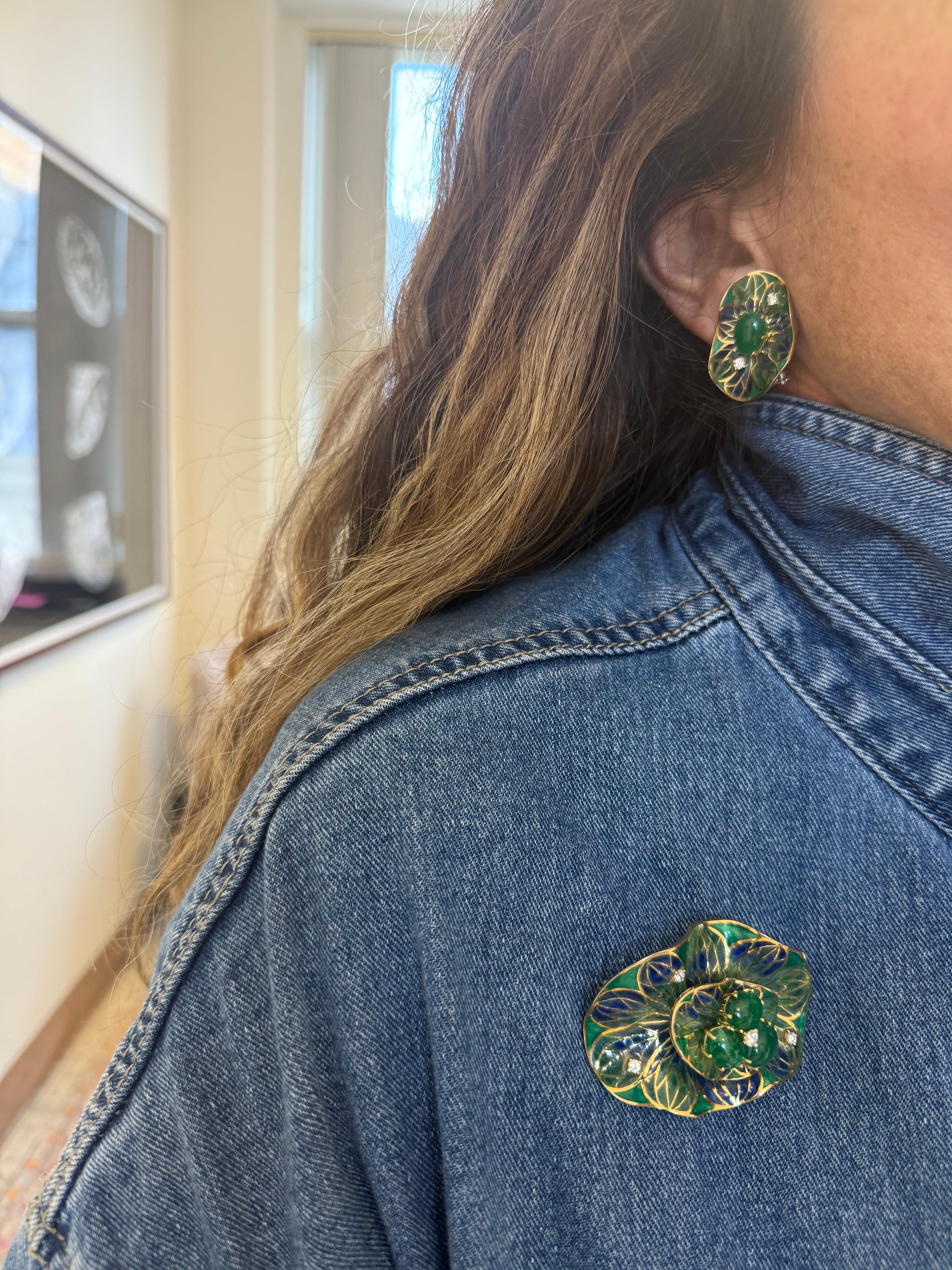 Ivor Gordon Vintage 18Kt Gold Enamel Earrings & Brooch Set Emeralds and Diamonds 2