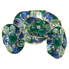 Ivor Gordon Vintage 18Kt Gold Enamel Earrings & Brooch Set Emeralds and Diamonds