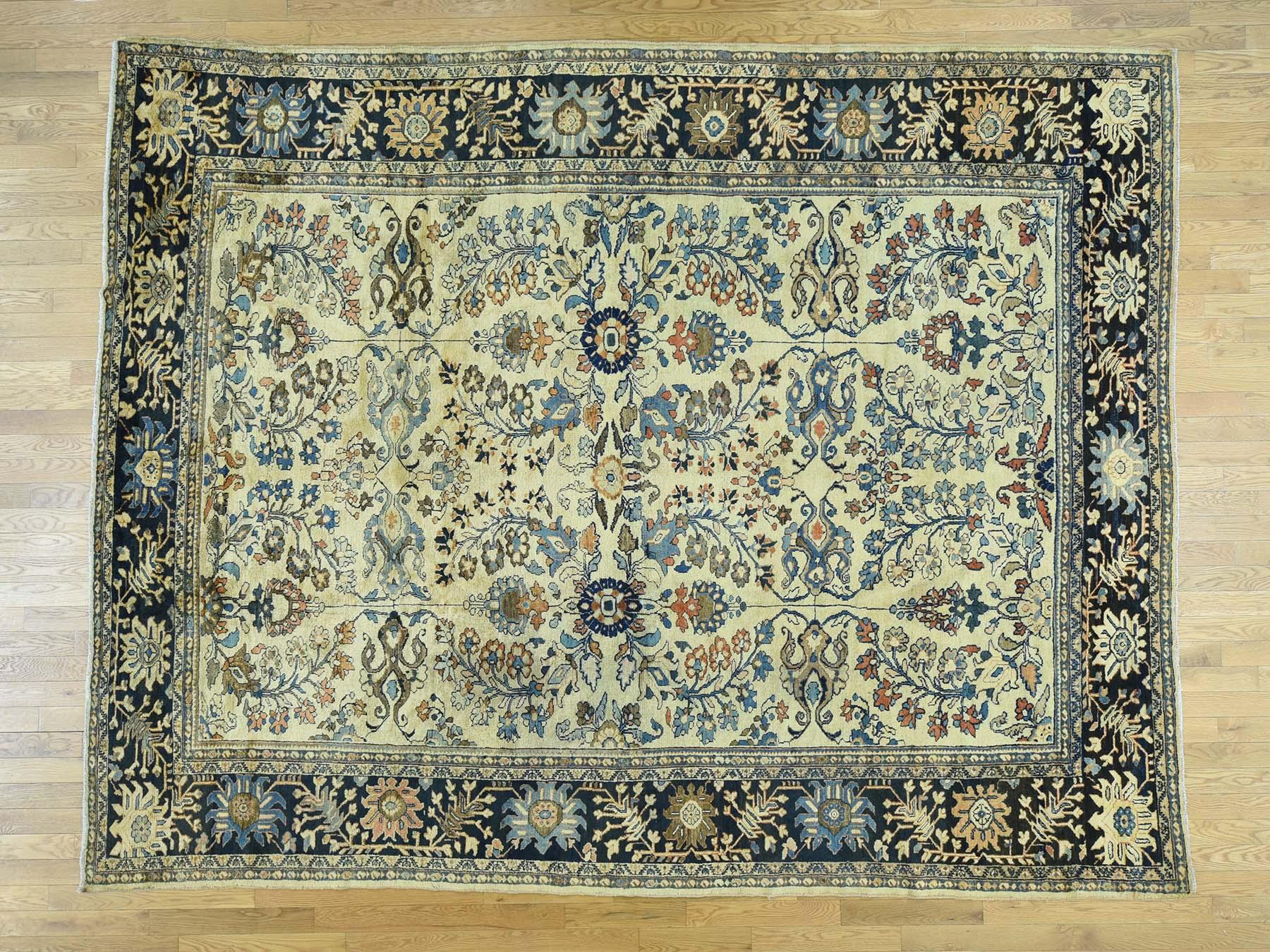 Early 20th Century Ivory 1920 Handmade Persian Lilahan Rug, Floral Design For Sale
