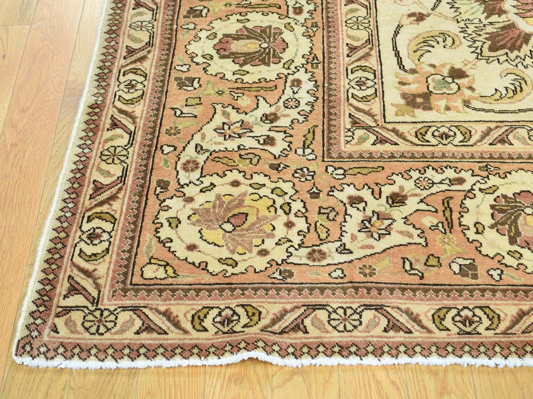 Wool Ivory 1930s Vintage Persian Tabriz Hand Knotted Rug All-Over For Sale