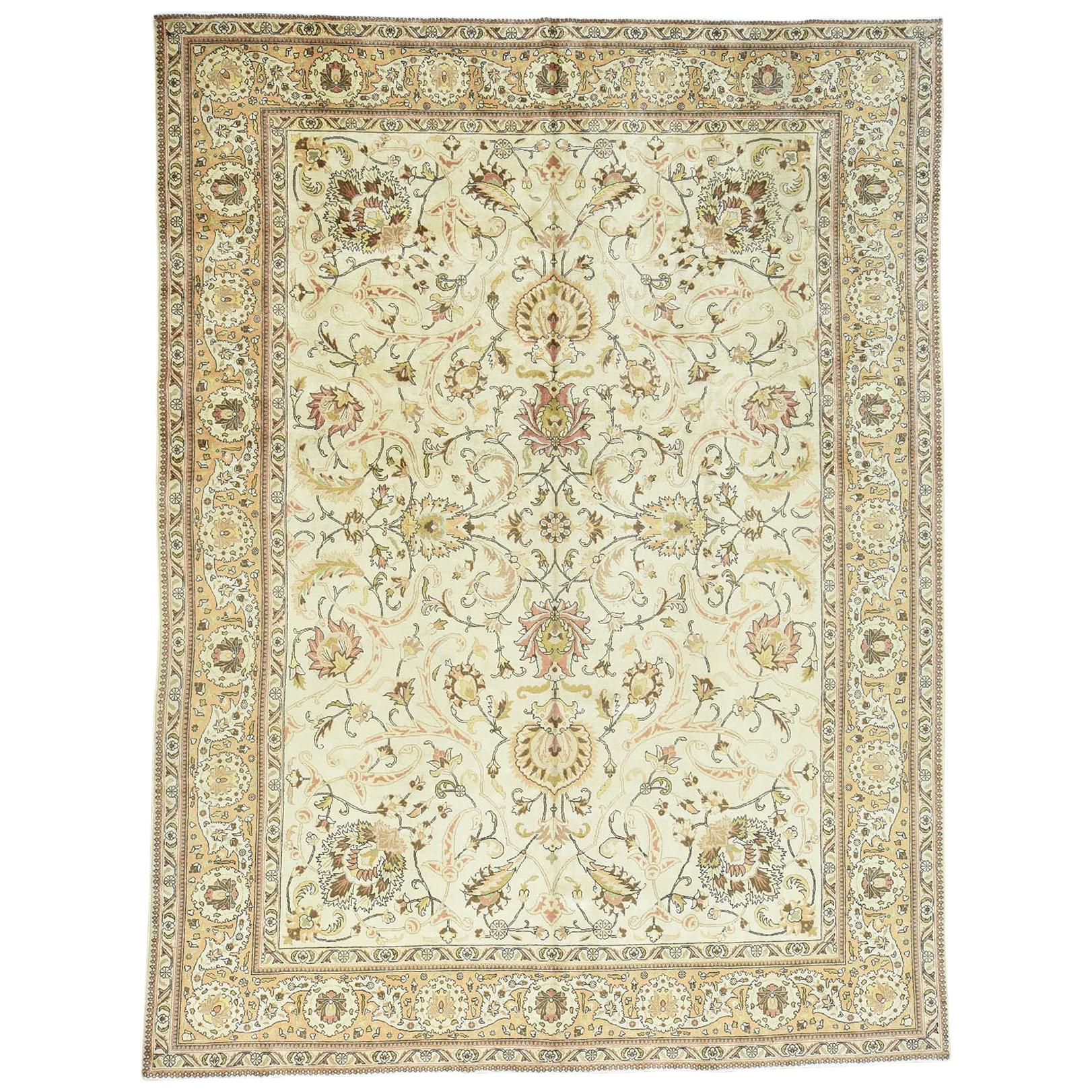 Tappeto persiano Tabriz vintage avorio del 1930 annodato a mano in tutto e per tutto