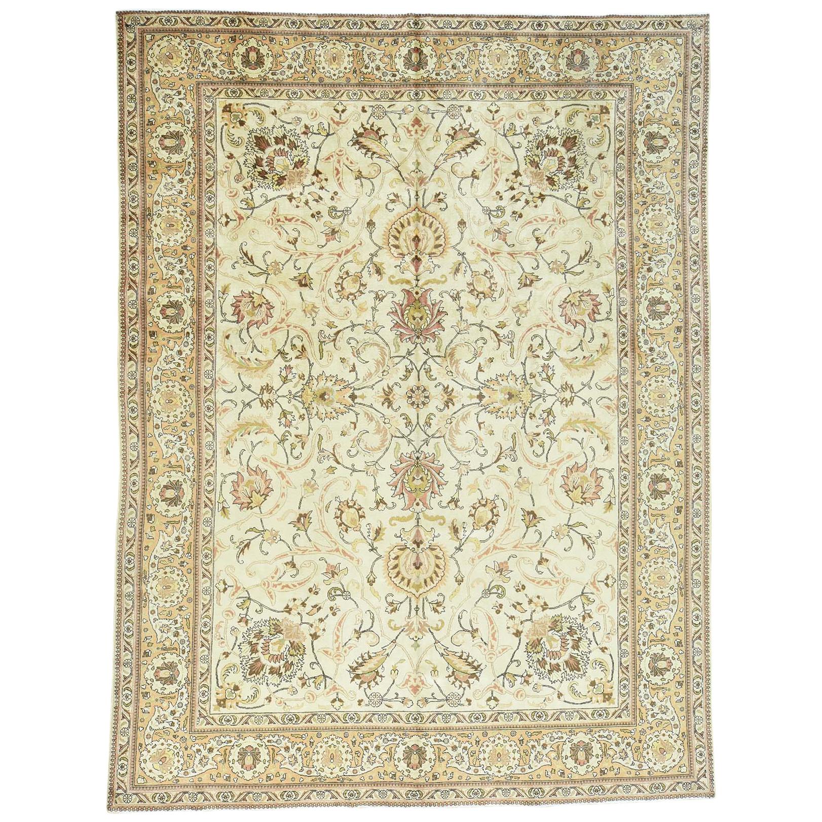 Ivory 1930s Vintage Persian Tabriz Hand Knotted Rug All-Over