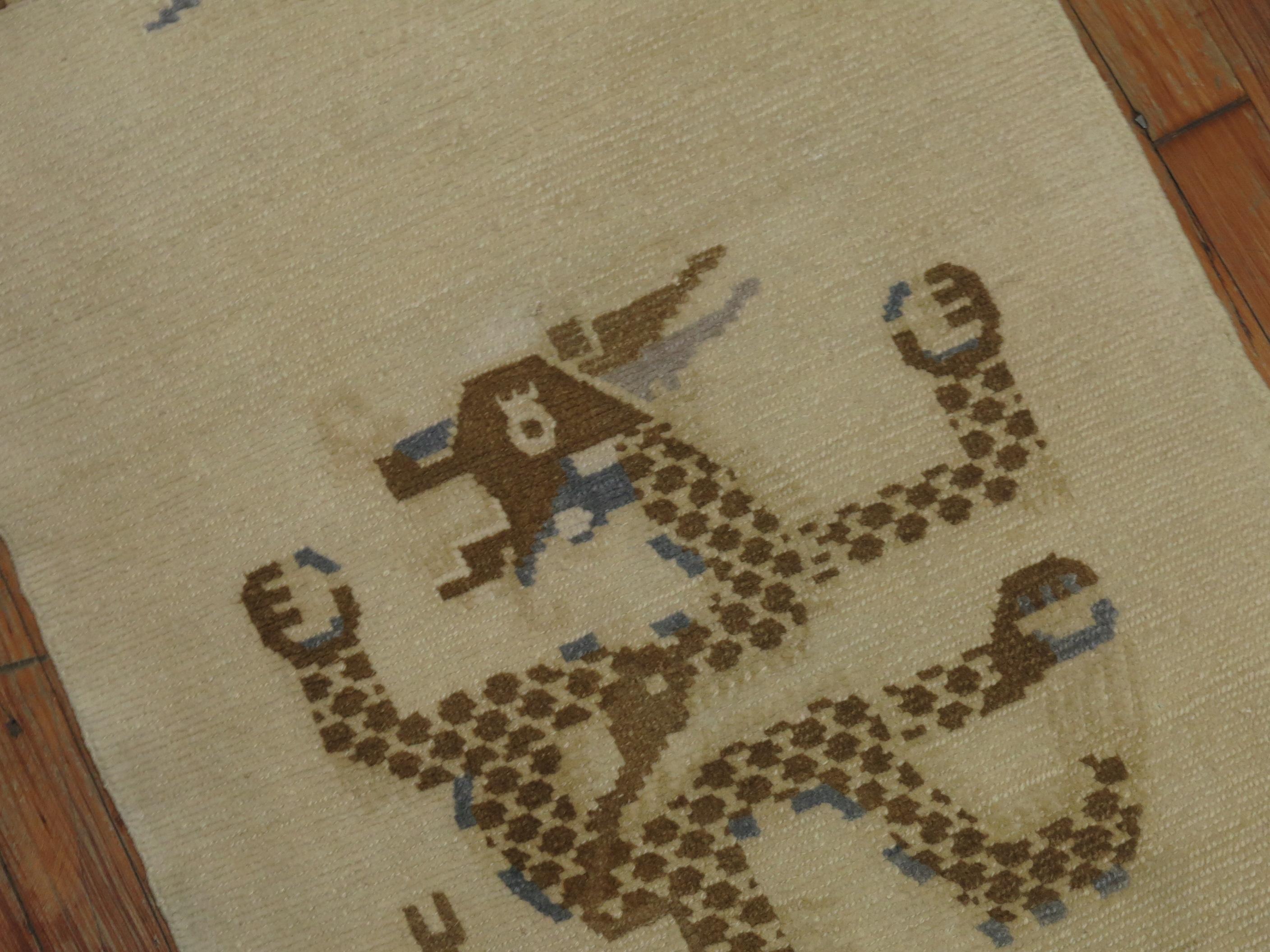 Chinese Export 1950s White, Brown & Blue Wool Tibetan Dragon Runner/Rug