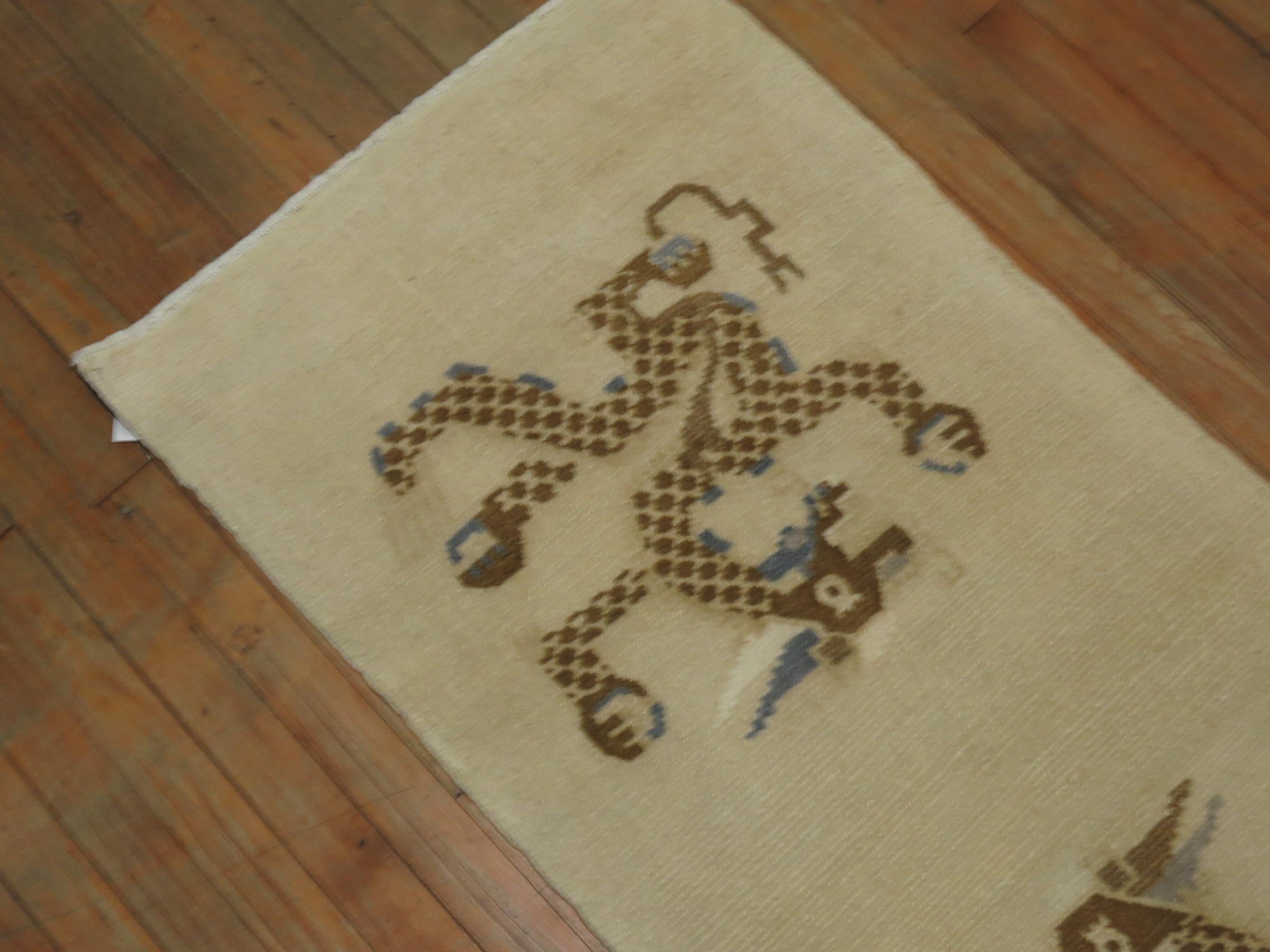 Hand-Knotted 1950s White, Brown & Blue Wool Tibetan Dragon Runner/Rug