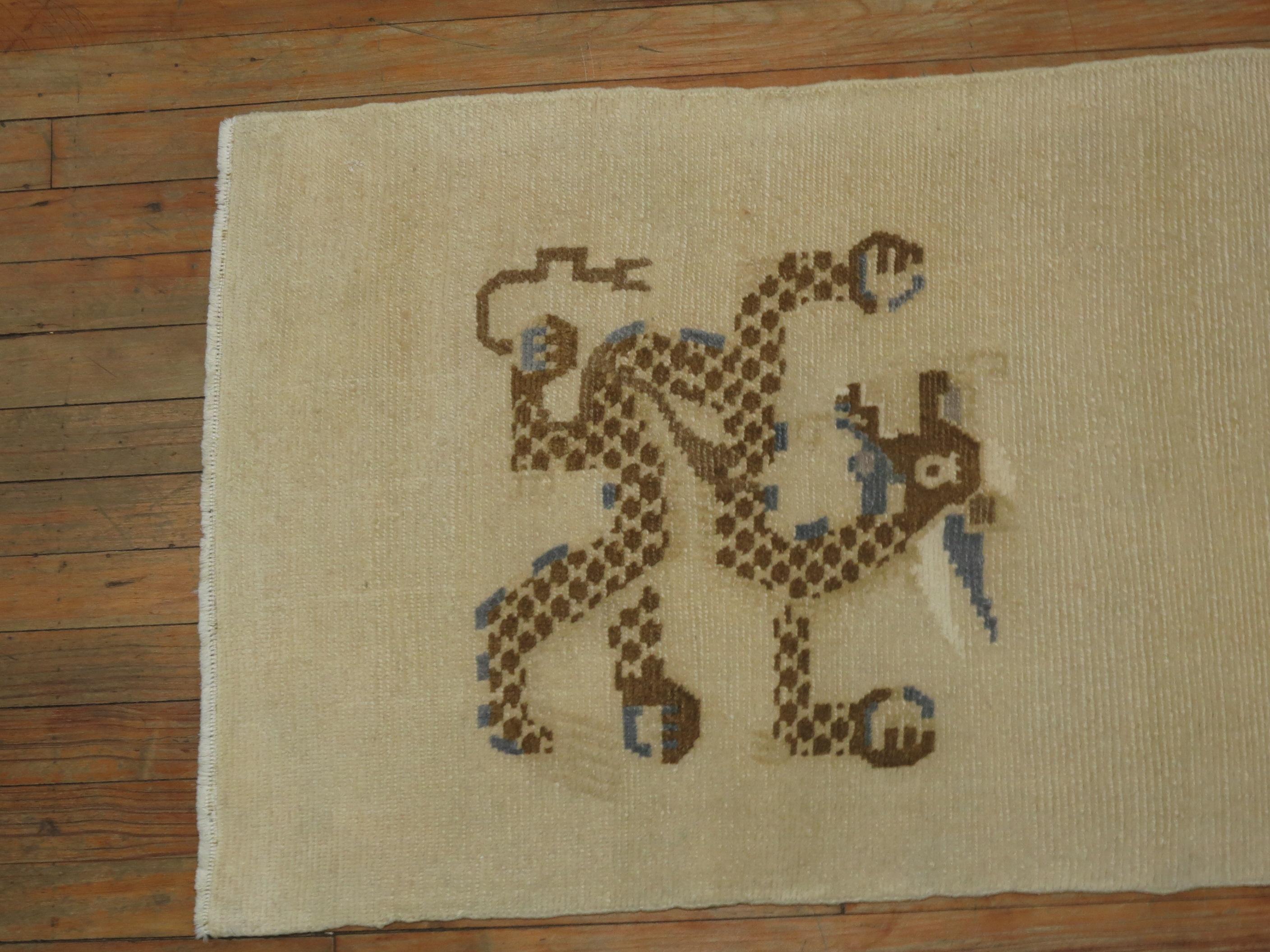 1950s White, Brown & Blue Wool Tibetan Dragon Runner/Rug In Good Condition In New York, NY