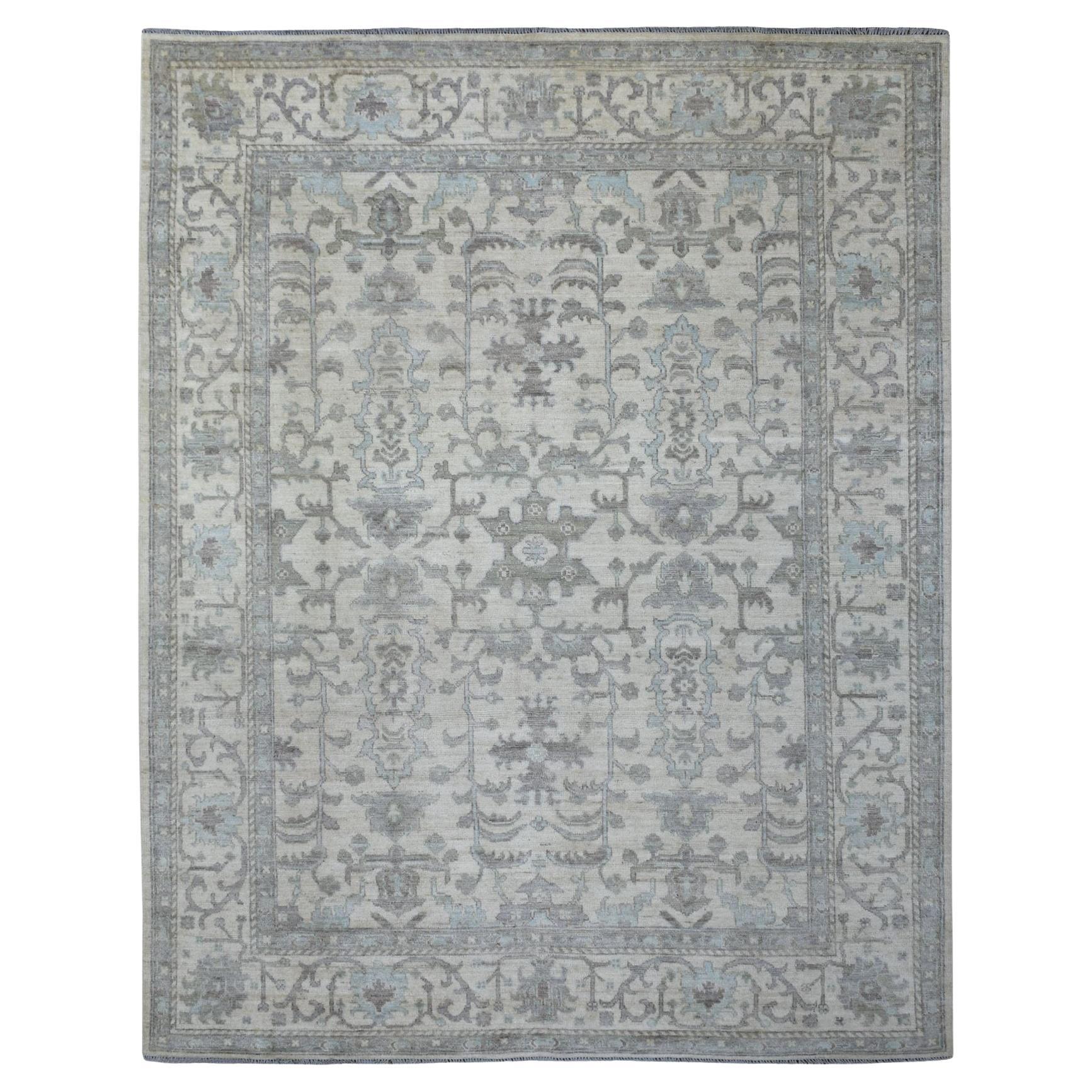 Ivory Afghan Angora Oushak All Over Leaf Design Hand Knotted Wool Rug 8'1" x 10'
