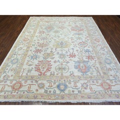Ivory Afghan Oushak Branch Flower Design Soft Wool Hand Knotted Rug 8'1" x 10'2"