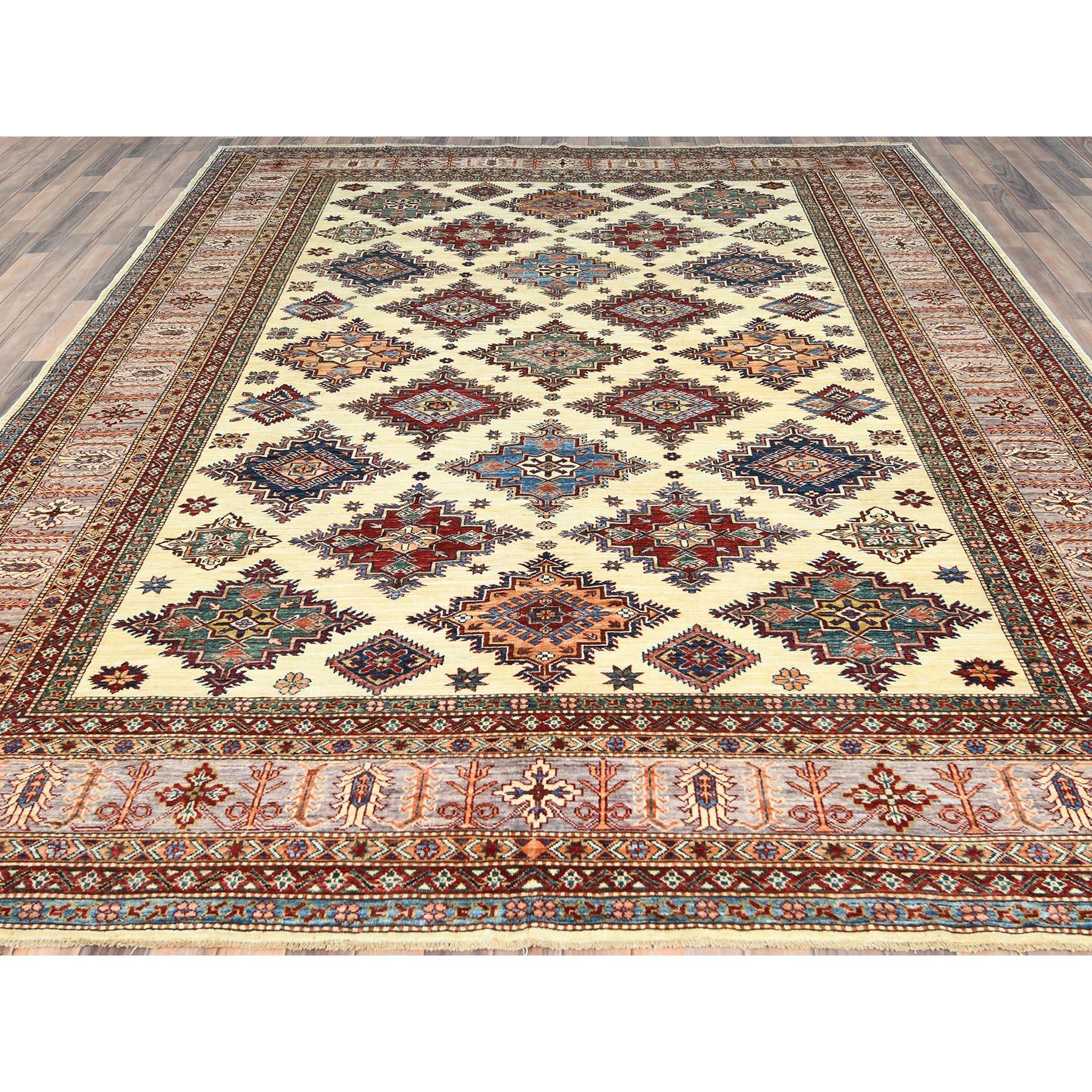 Handgeknüpfter orientalischer Teppich aus natürlicher Wolle aus Afghan Super Kazak in Elfenbein 9'3