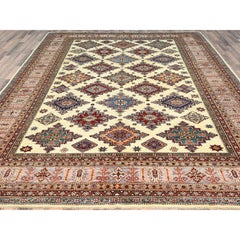 Ivory Afghan Super Kazak Natural Wool Hand Knotted Oriental Rug 9'3" x 12'0"