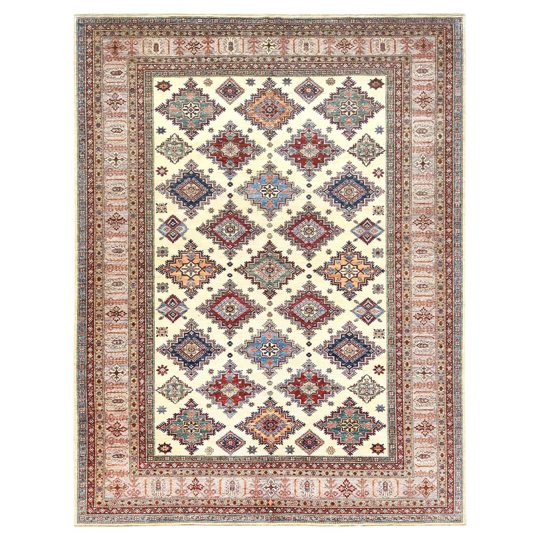 Ivory Afghan Super Kazak Natural Wool Hand Knotted Oriental Rug 9'3" x 12'0"