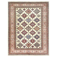 Alfombra Oriental Marfil Afgana Super Kazak de Lana Natural Anudada a Mano 9'3" x 12'0
