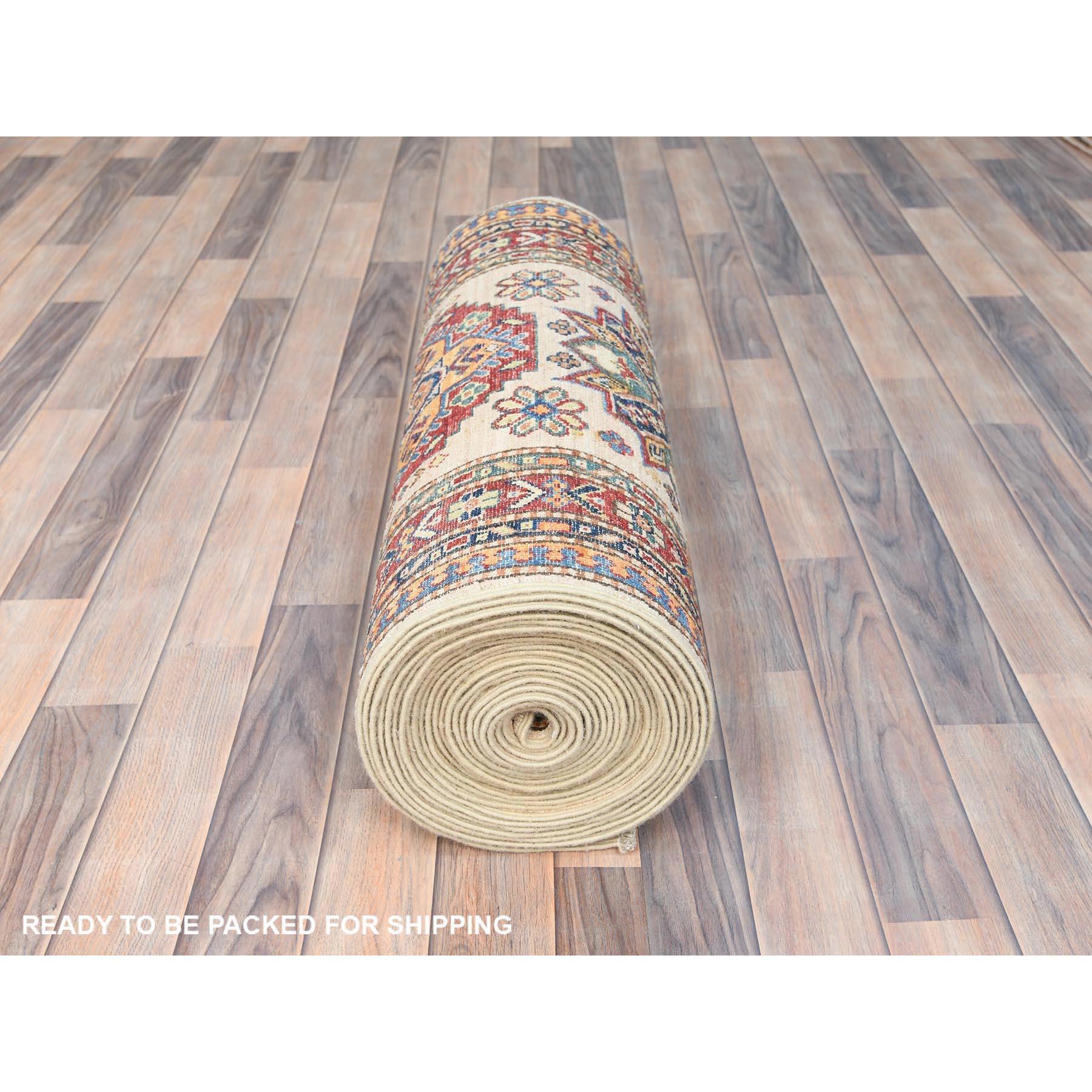 Contemporary Ivory Afghan Super Kazak Soft Wool Hand Knotted XL Runner Rug 2'9