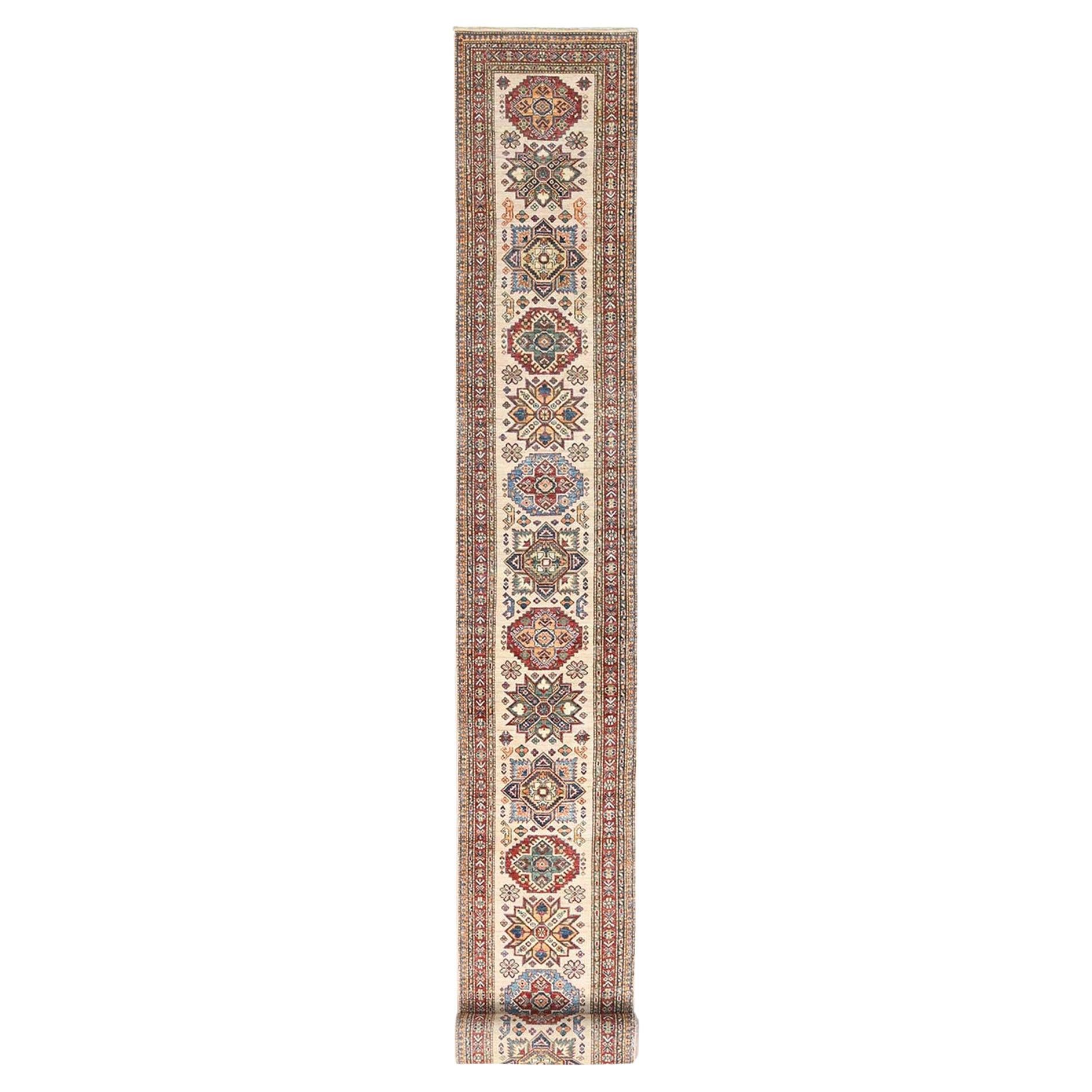 Tapis de couloir XL afghan super Kazak doux noué à la main ivoire 2'9" x 35'8"