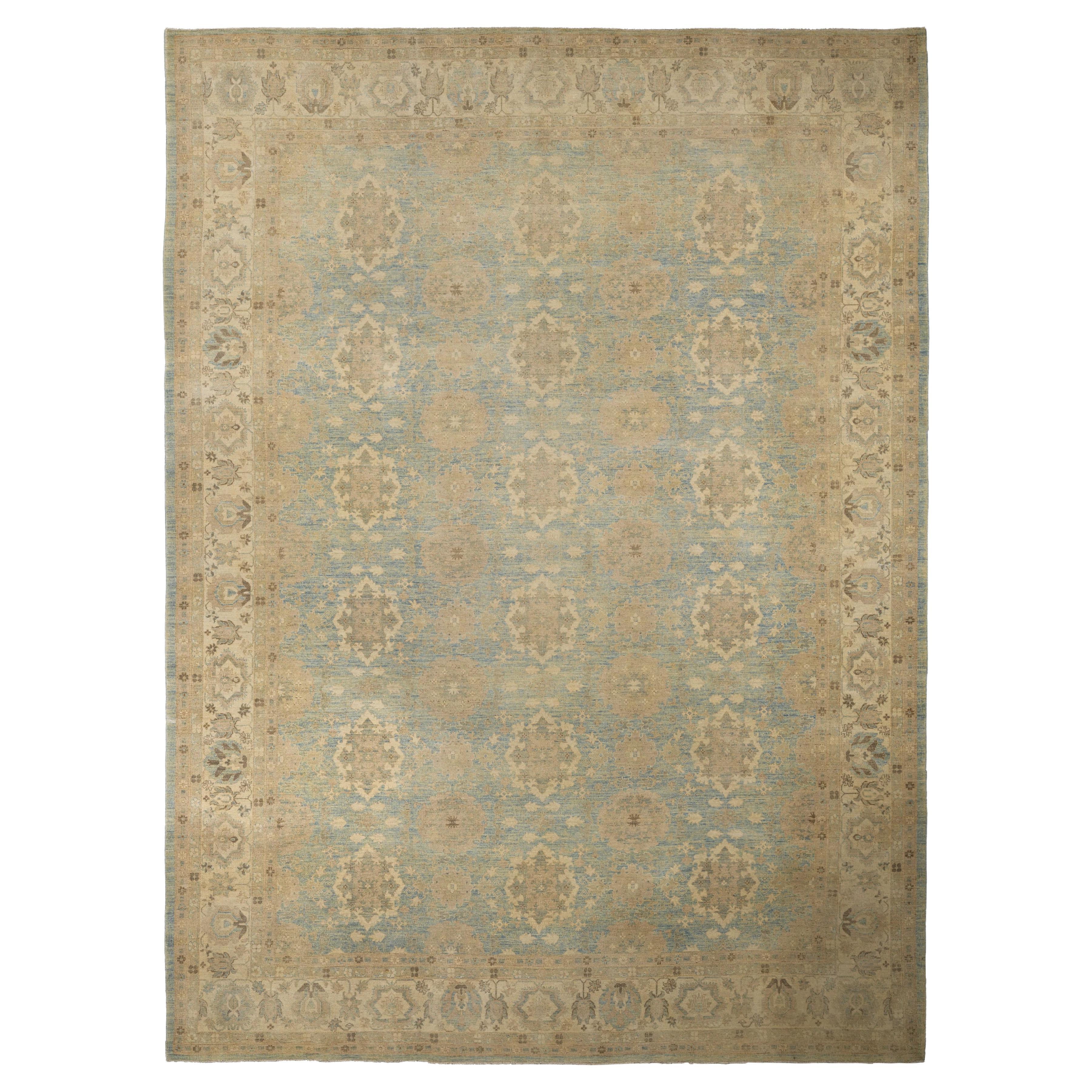 Ivory Afghan Wool Hand Knotted Rug 12 ft x 15 ft , Whispered Floral Field For Sale