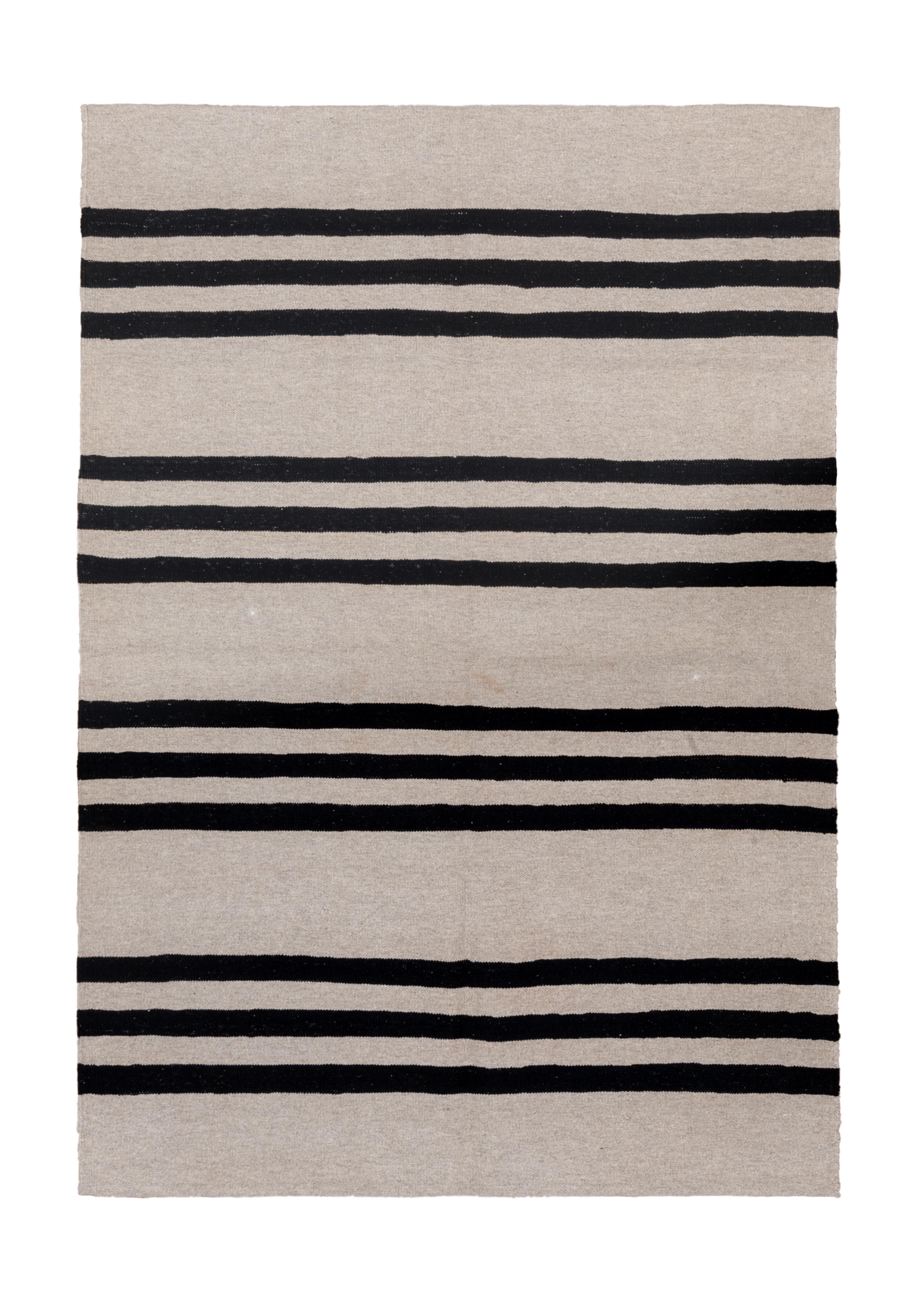 Modern Persian Flatweave
Ivory background and Black stripes
circa 1970s
4'9x6'10.