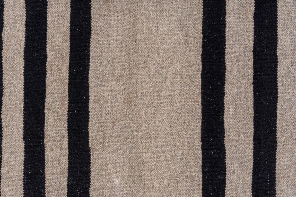 Hand-Knotted Ivory and Black Striped Kilim
