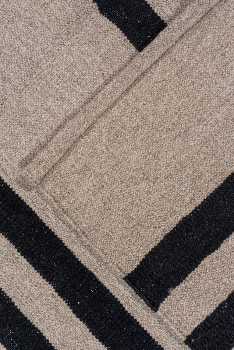 Wool Ivory and Black Striped Kilim