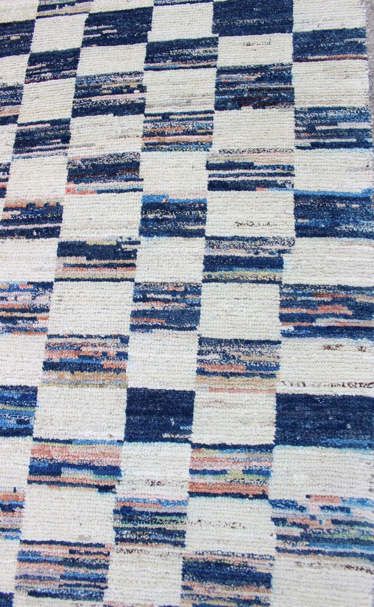 Contemporary Ivory and Blue Checkered Runner in Casual Modern Design