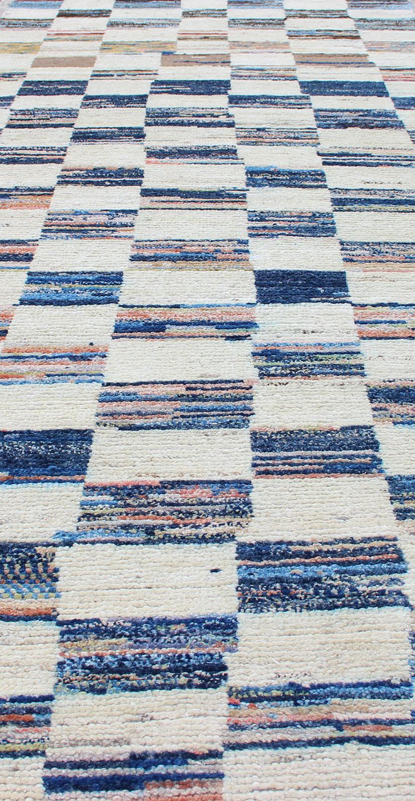 Ivory and Blue Checkered Runner in Casual Modern Design 1