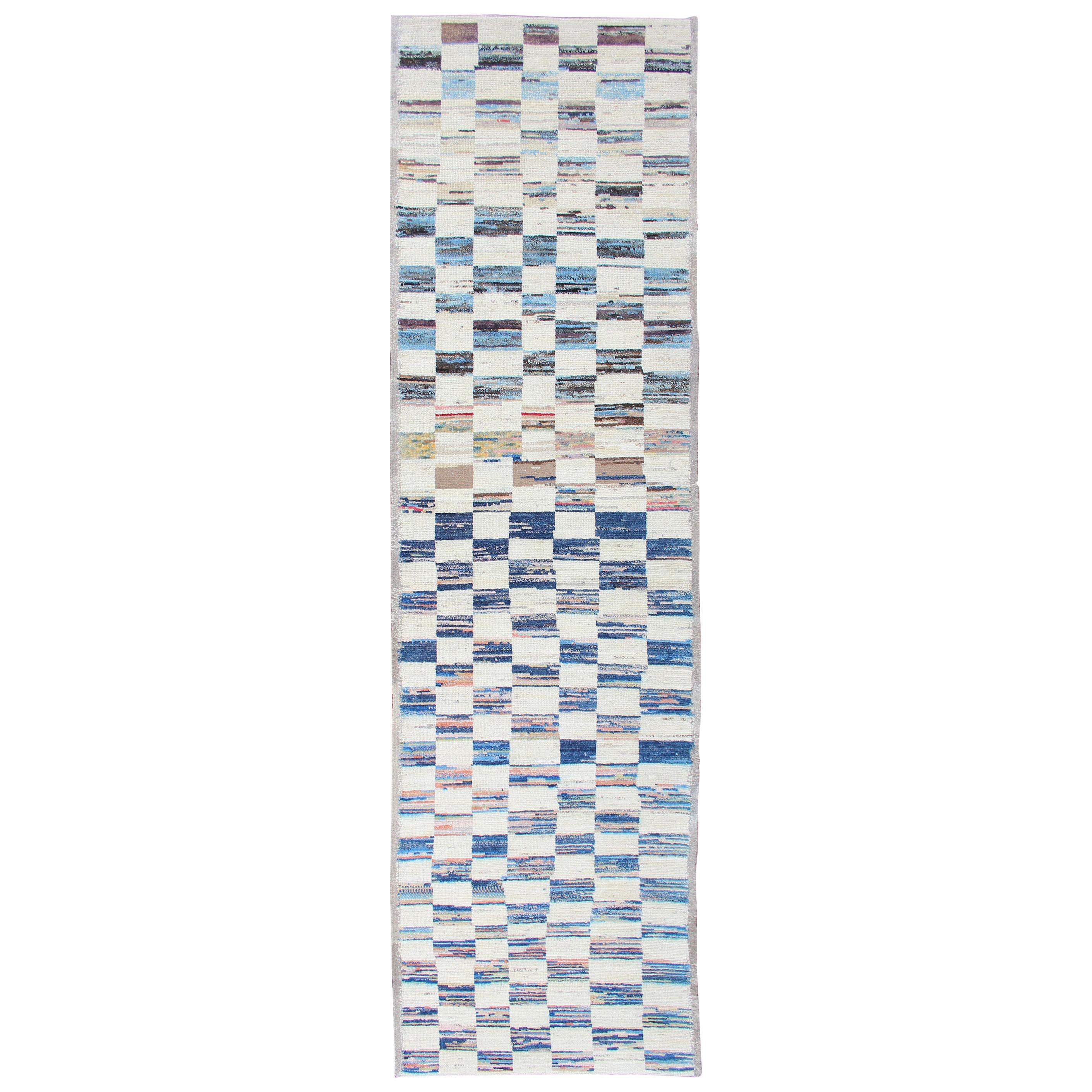 Ivory and Blue Checkered Runner in Casual Modern Design