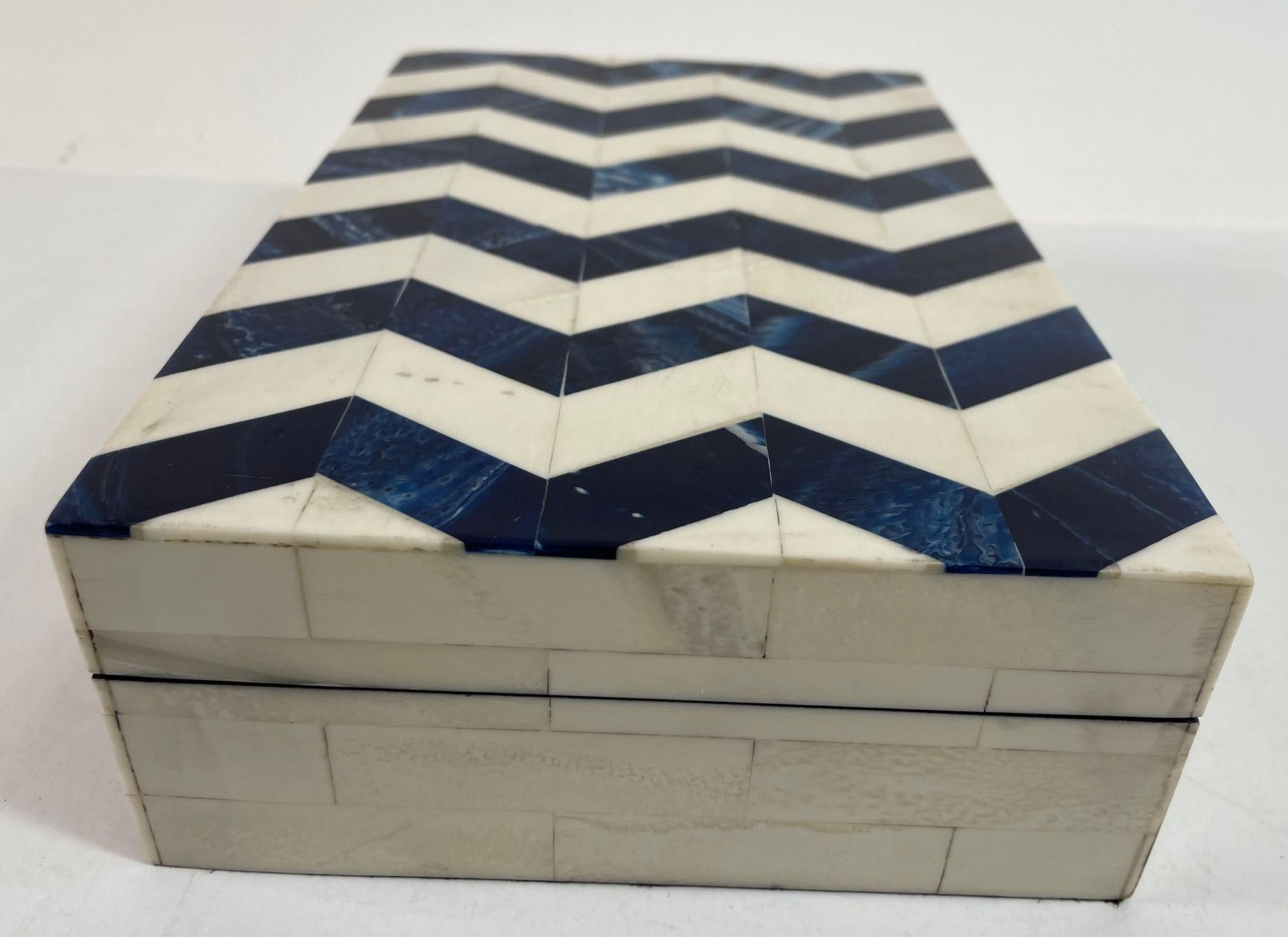 Hand-Crafted Ivory and Blue Chevron Bone Inlay Trinket Box For Sale