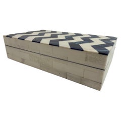 Ivory and Blue Chevron Bone Inlay Box, Handcrafted in India, 1990s