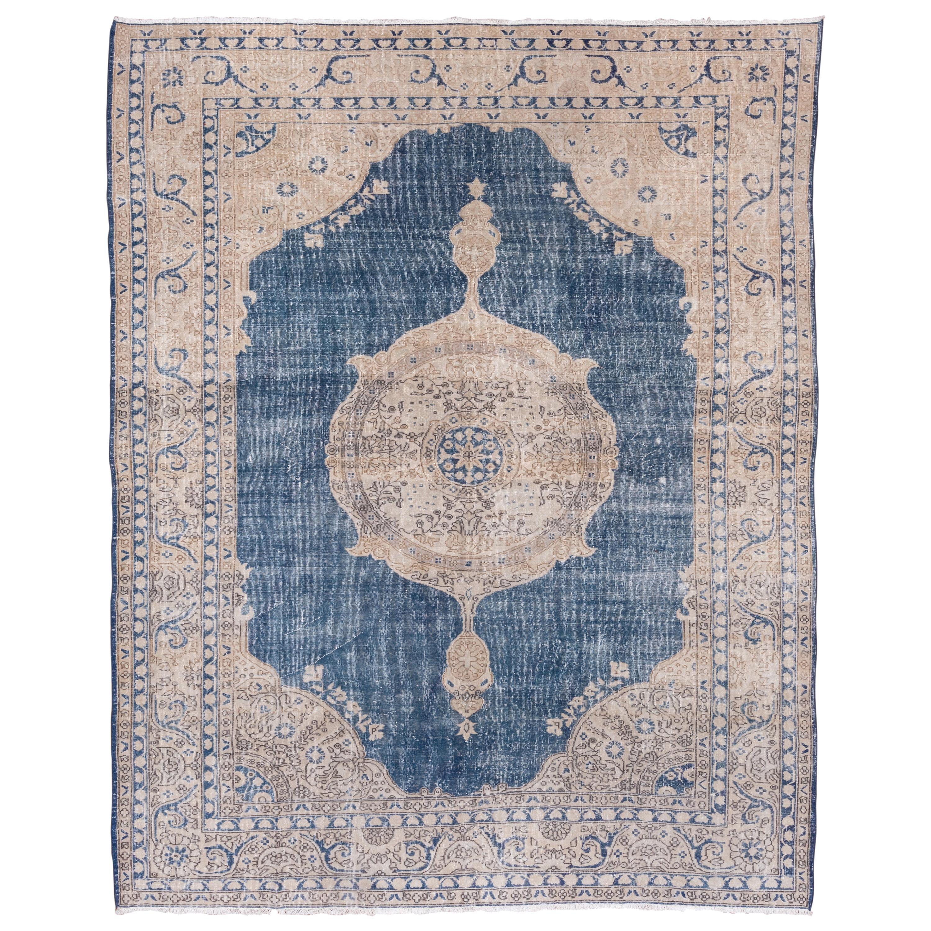 Ivory and Blue Shabby Chic Turkish Oushak Rug, Circular Medallion, circa 1940s For Sale