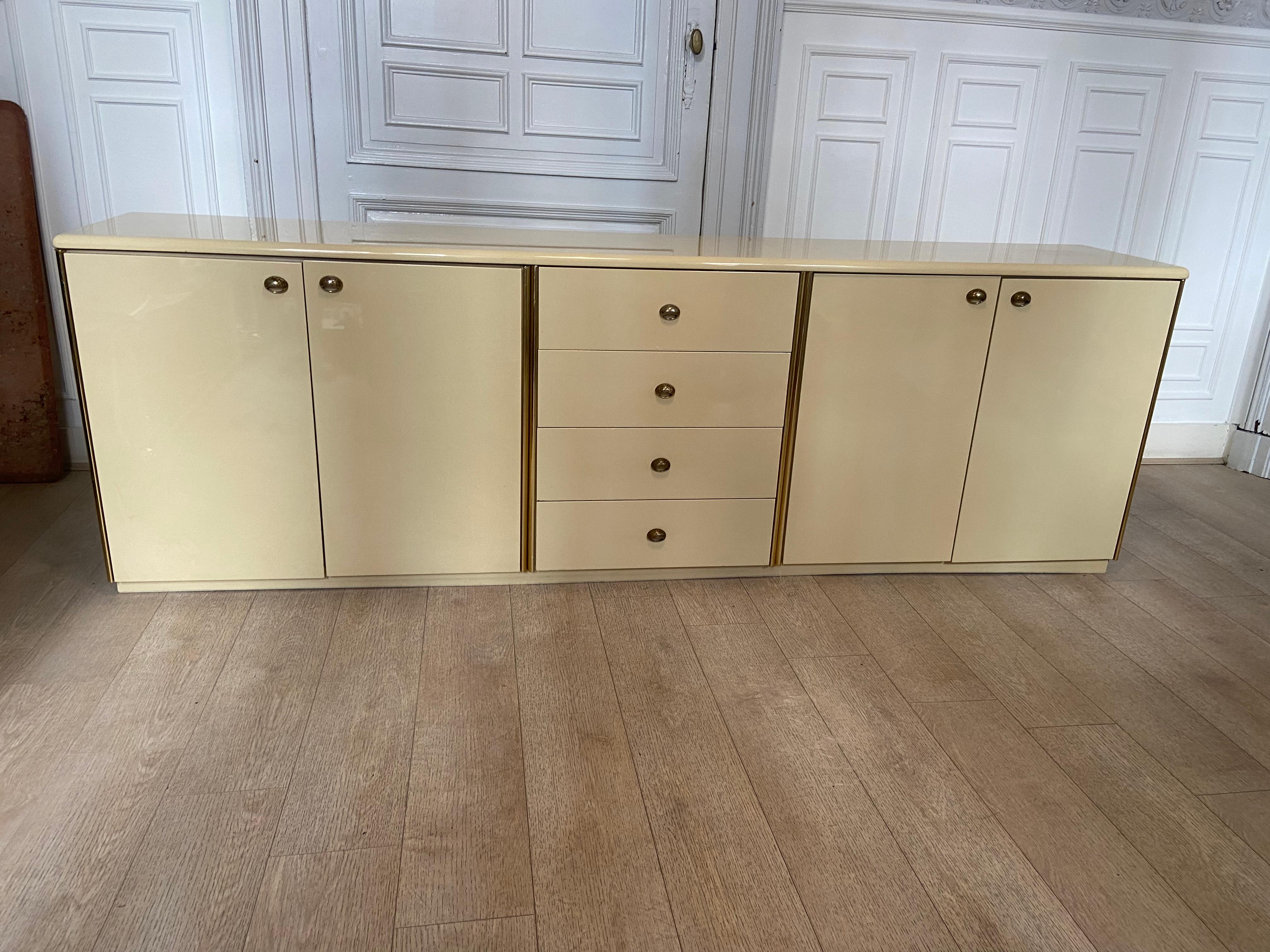 Mid-Century Modern Ivory and Brass Lacquered Sideboard, 1970s