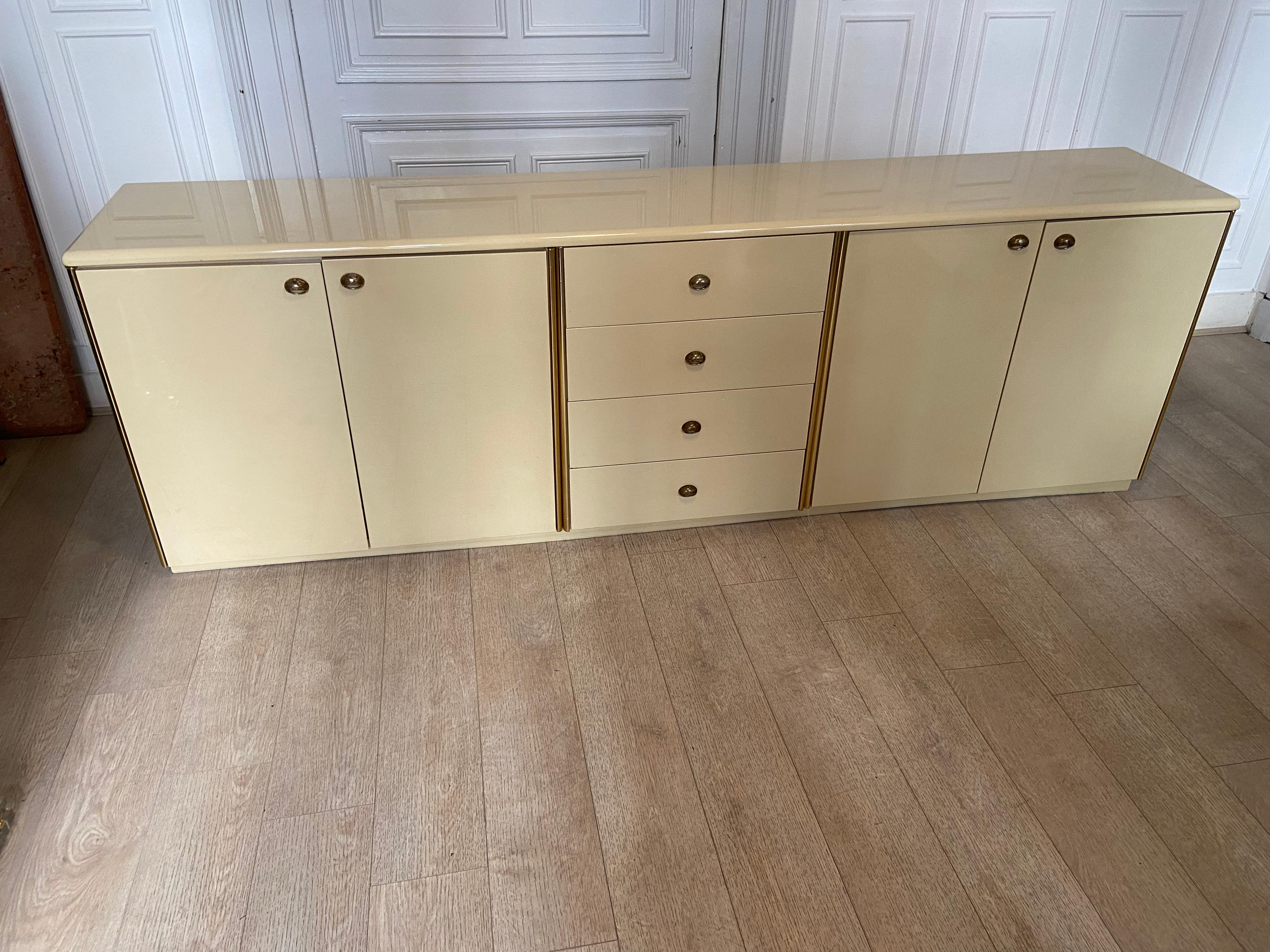 20th Century Ivory and Brass Lacquered Sideboard, 1970s