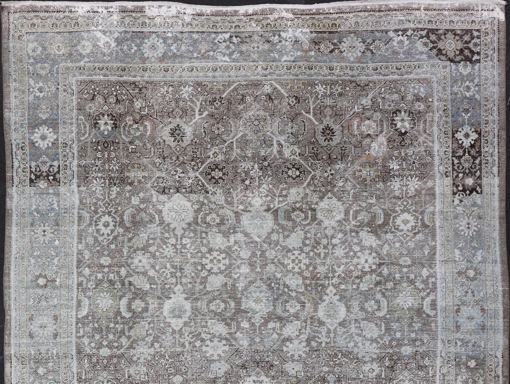 Ivory and Brown Antique Persian Mahal Rug with Floral Medallion Design For Sale 3