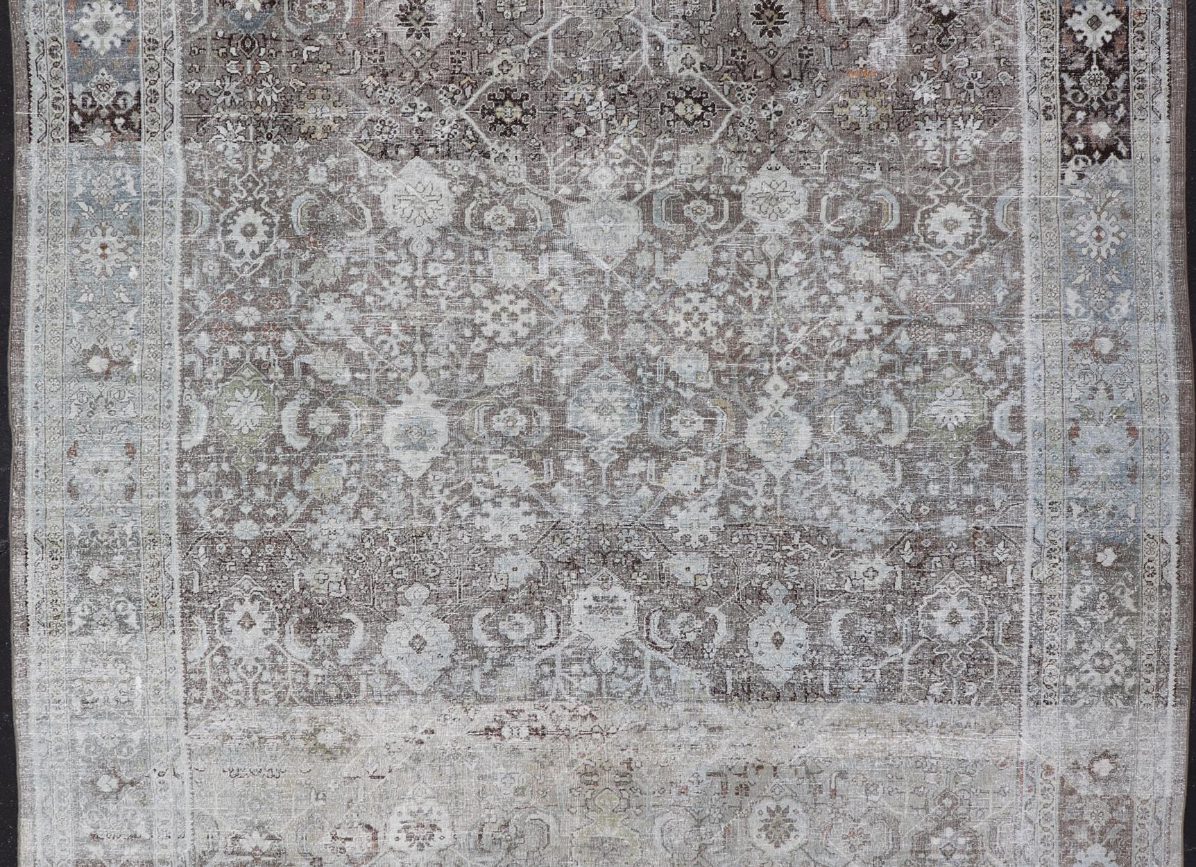 Ivory and Brown Antique Persian Mahal Rug with Floral Medallion Design For Sale 4