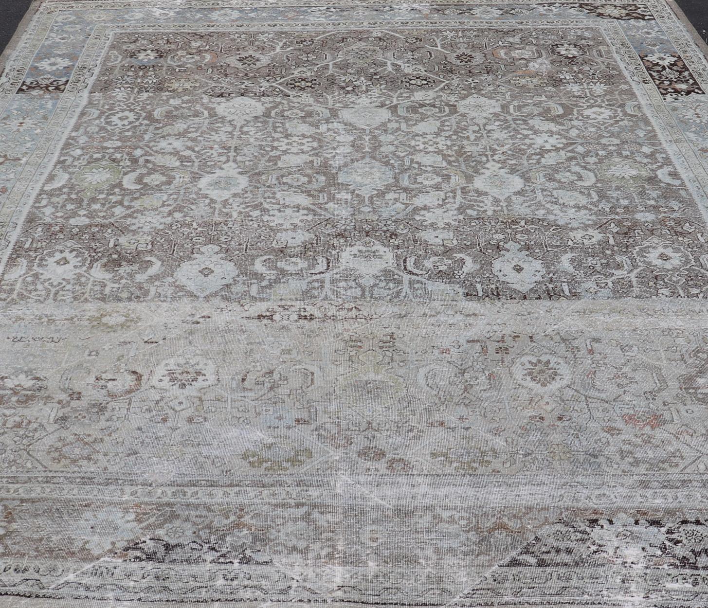Ivory and Brown Antique Persian Mahal Rug with Floral Medallion Design For Sale 6