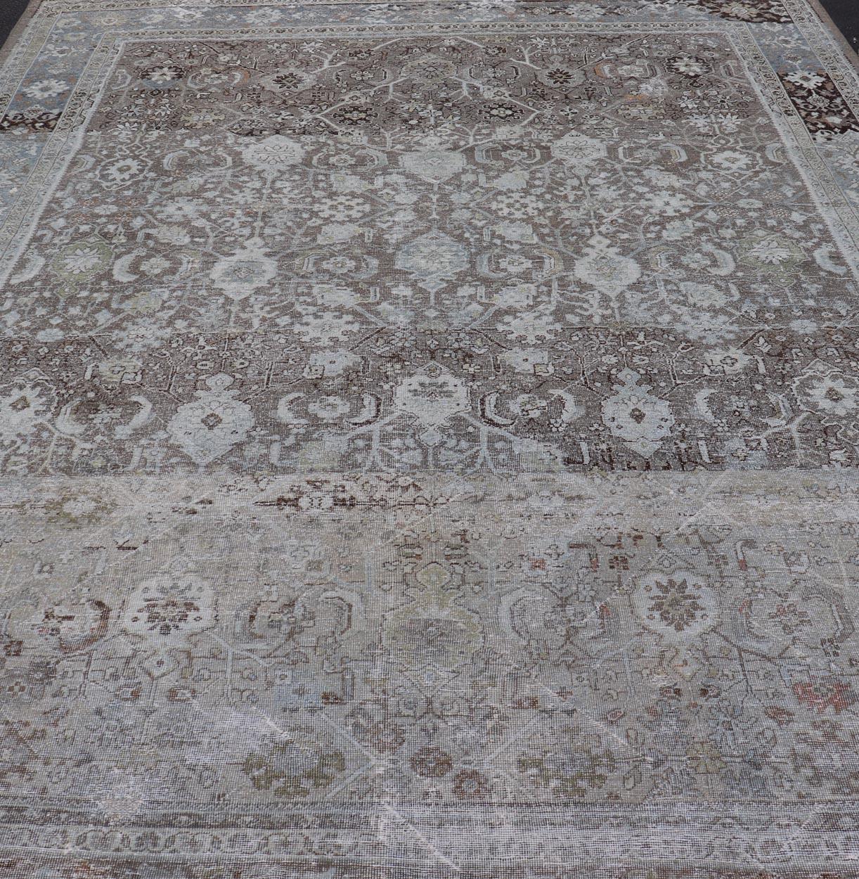 Ivory and Brown Antique Persian Mahal Rug with Floral Medallion Design For Sale 7