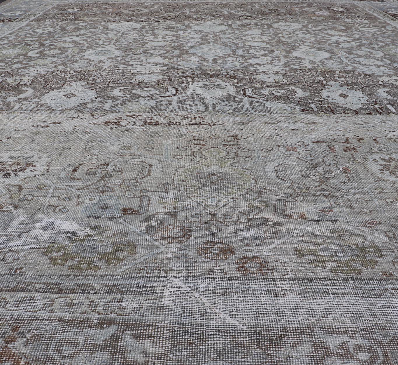 Ivory and Brown Antique Persian Mahal Rug with Floral Medallion Design For Sale 8