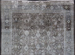 Ivory and Brown Antique Persian Mahal Rug with Floral Medallion Design