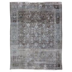 Ivory and Brown Antique Persian Mahal Rug with Floral Medallion Design