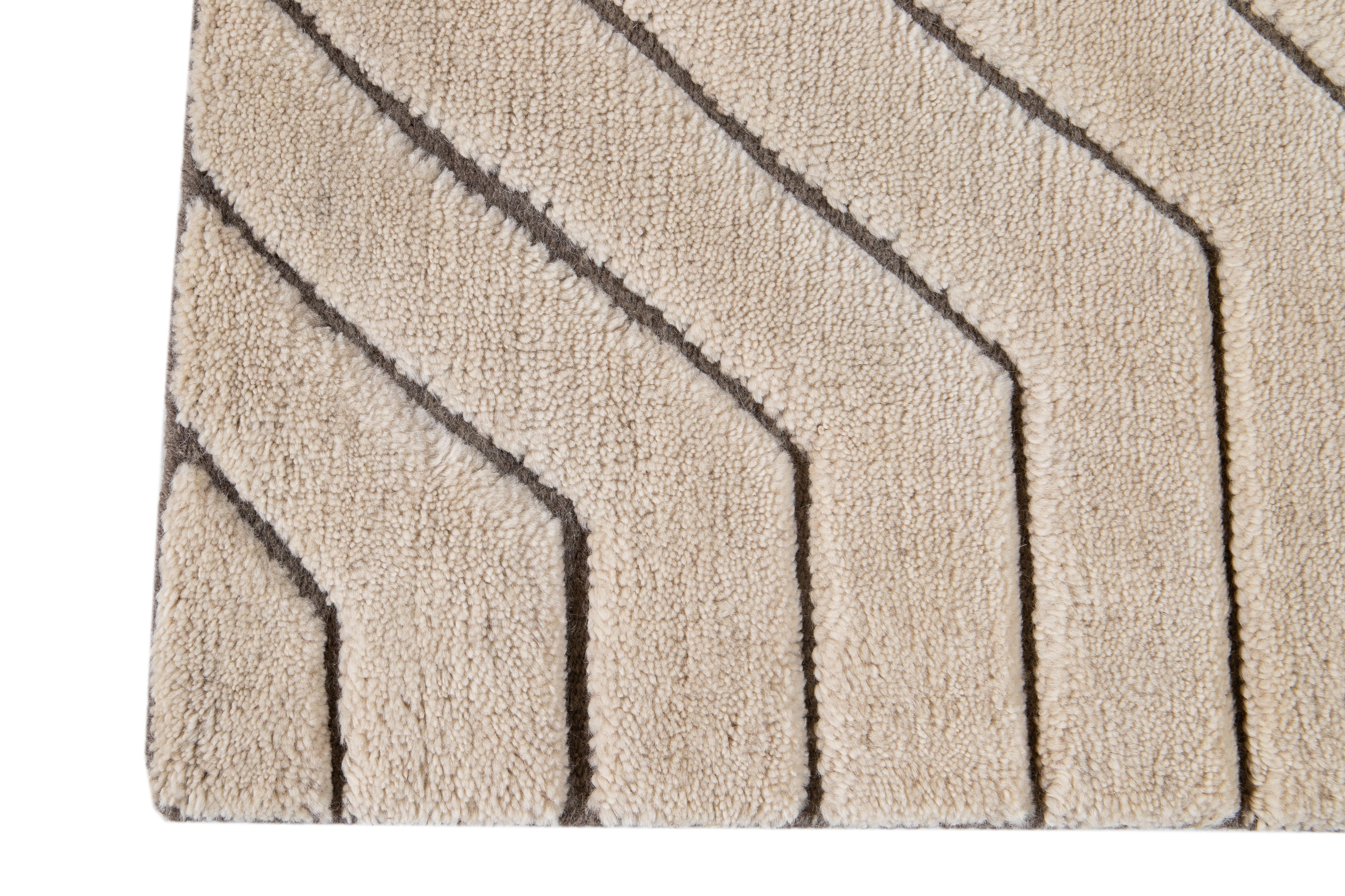 Modern Ivory and Brown Textured Wool Custom Rug For Sale