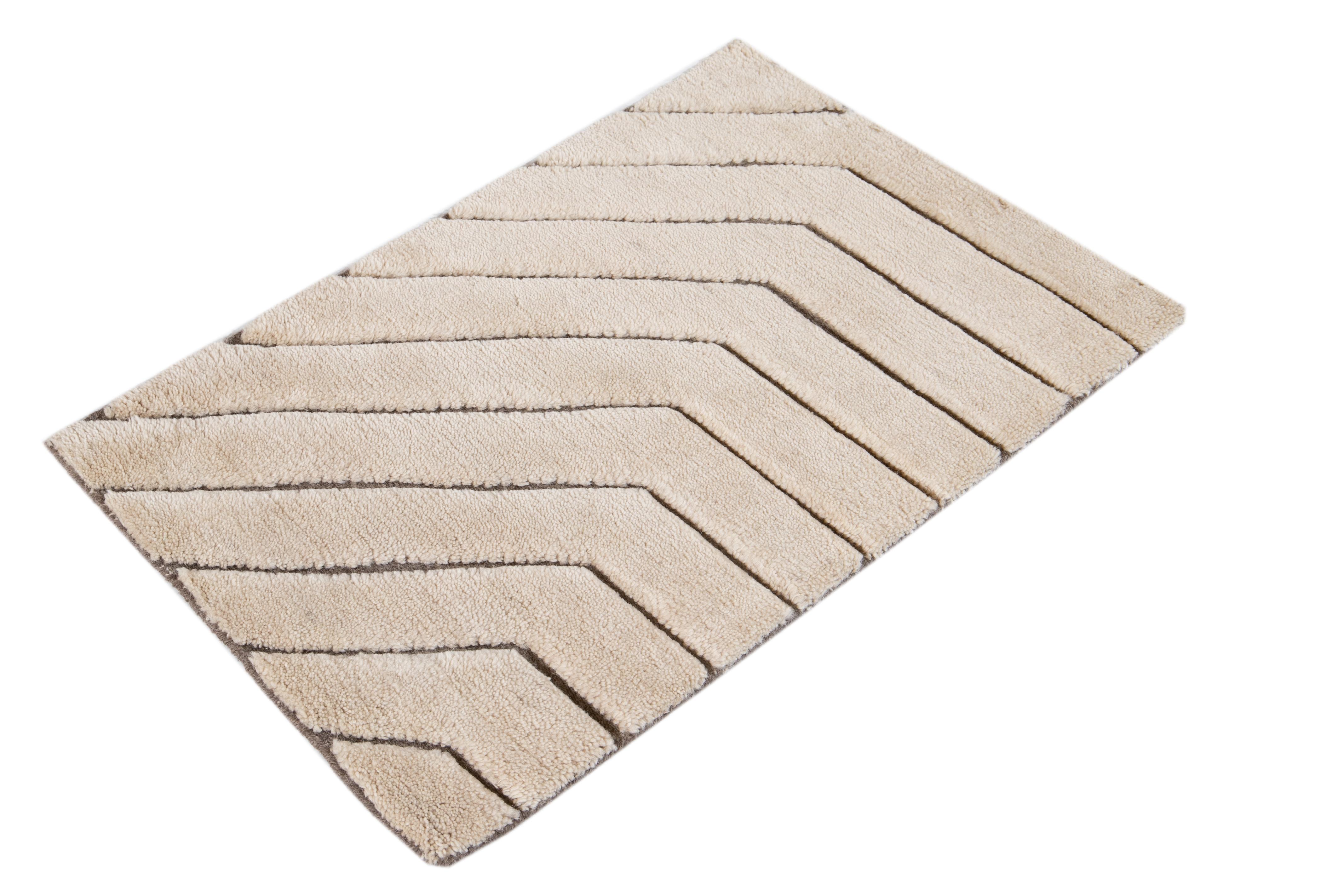 Indian Ivory and Brown Textured Wool Custom Rug For Sale