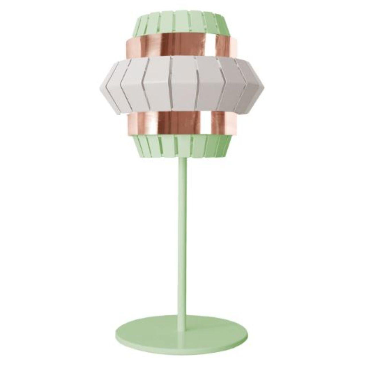Ivory and dream comb table lamp with copper ring by Dooq
Dimensions: W 25.5 x D 25.5 x H 60 cm
Materials: lacquered metal, polished copper.
Also available in different colors and materials.

Information:
230V/50Hz
E14/1x20W