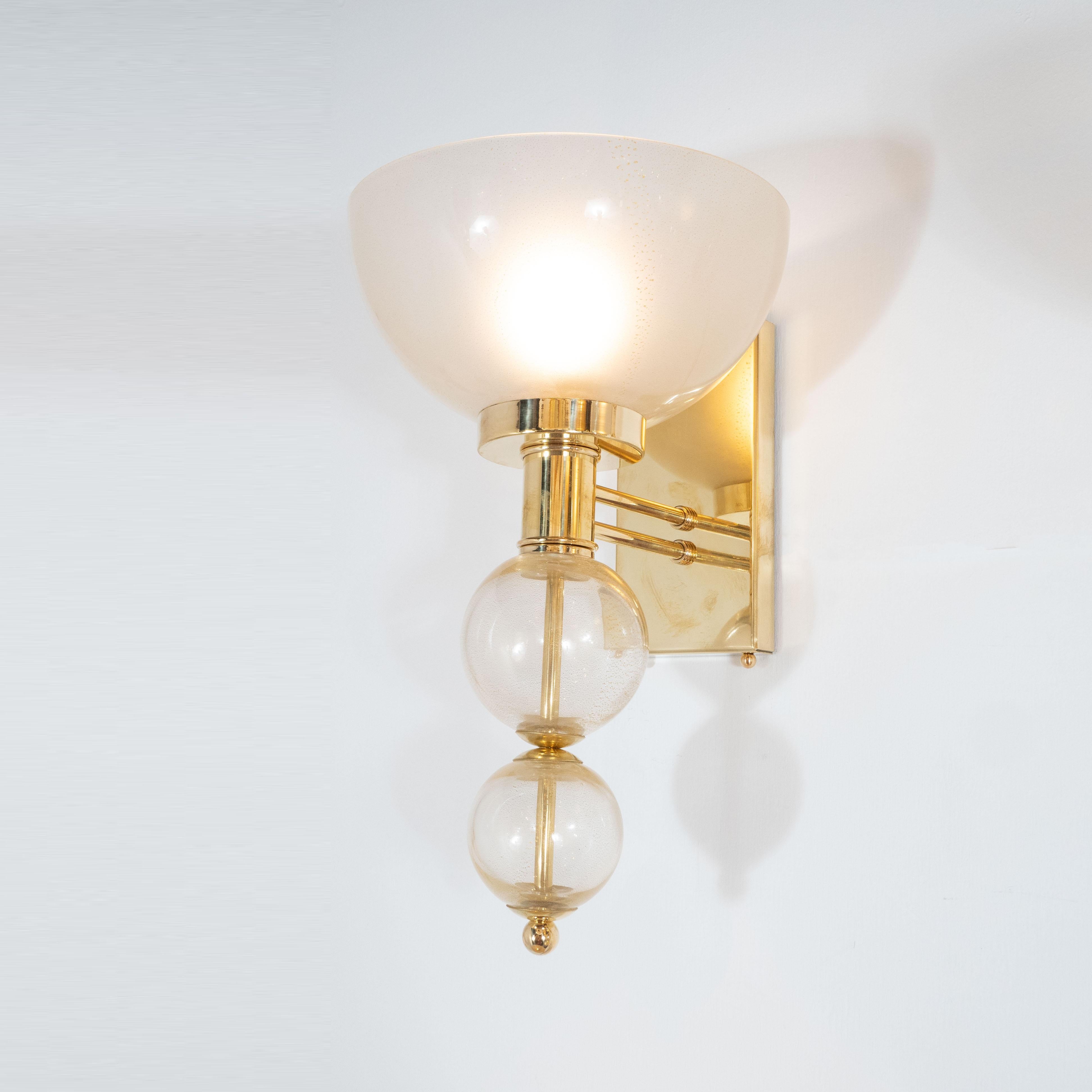 Pair of Ivory Glass and Gold Spheres Murano Glass and Brass Sconces, Italy In New Condition In New York, NY