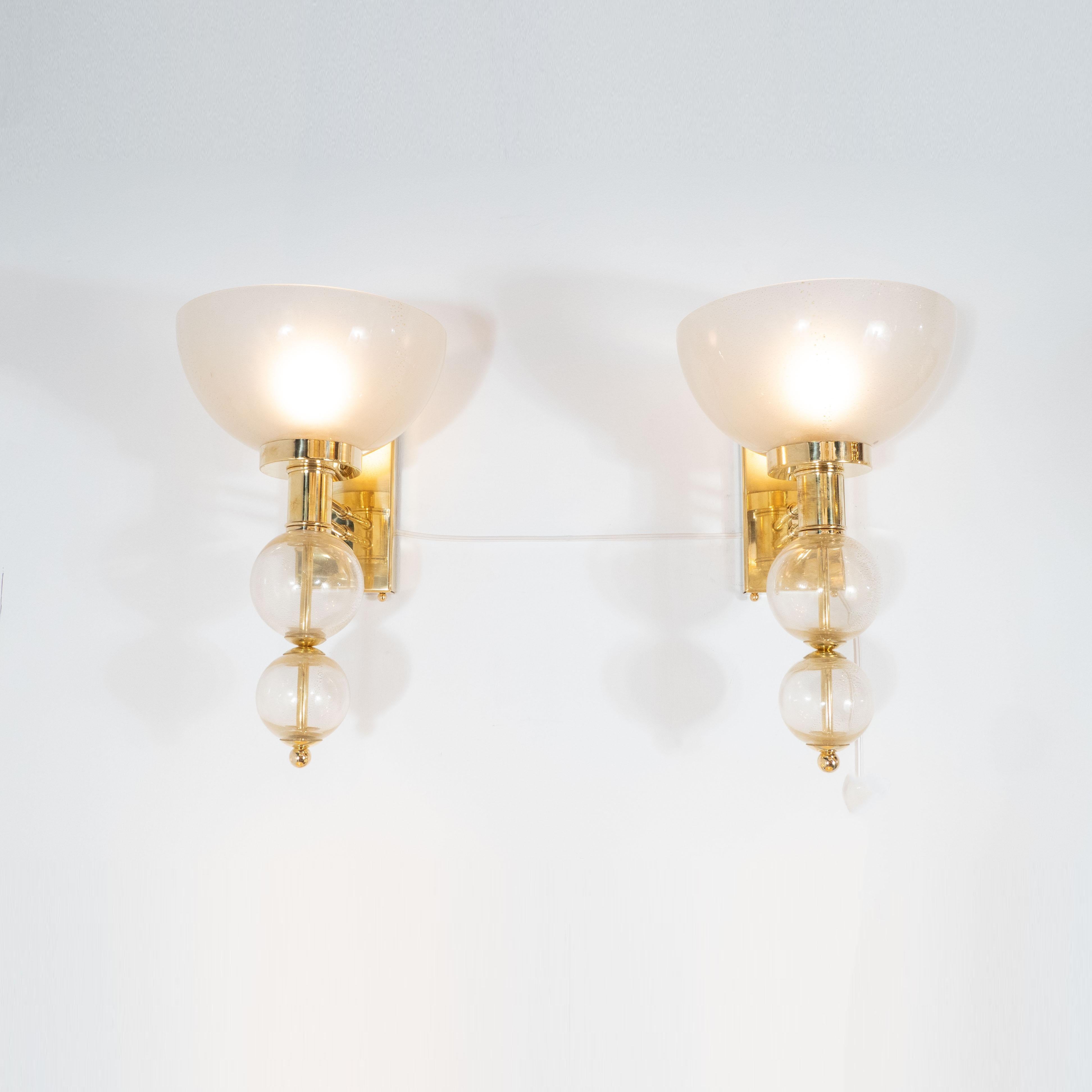 Contemporary Pair of Ivory Glass and Gold Spheres Murano Glass and Brass Sconces, Italy
