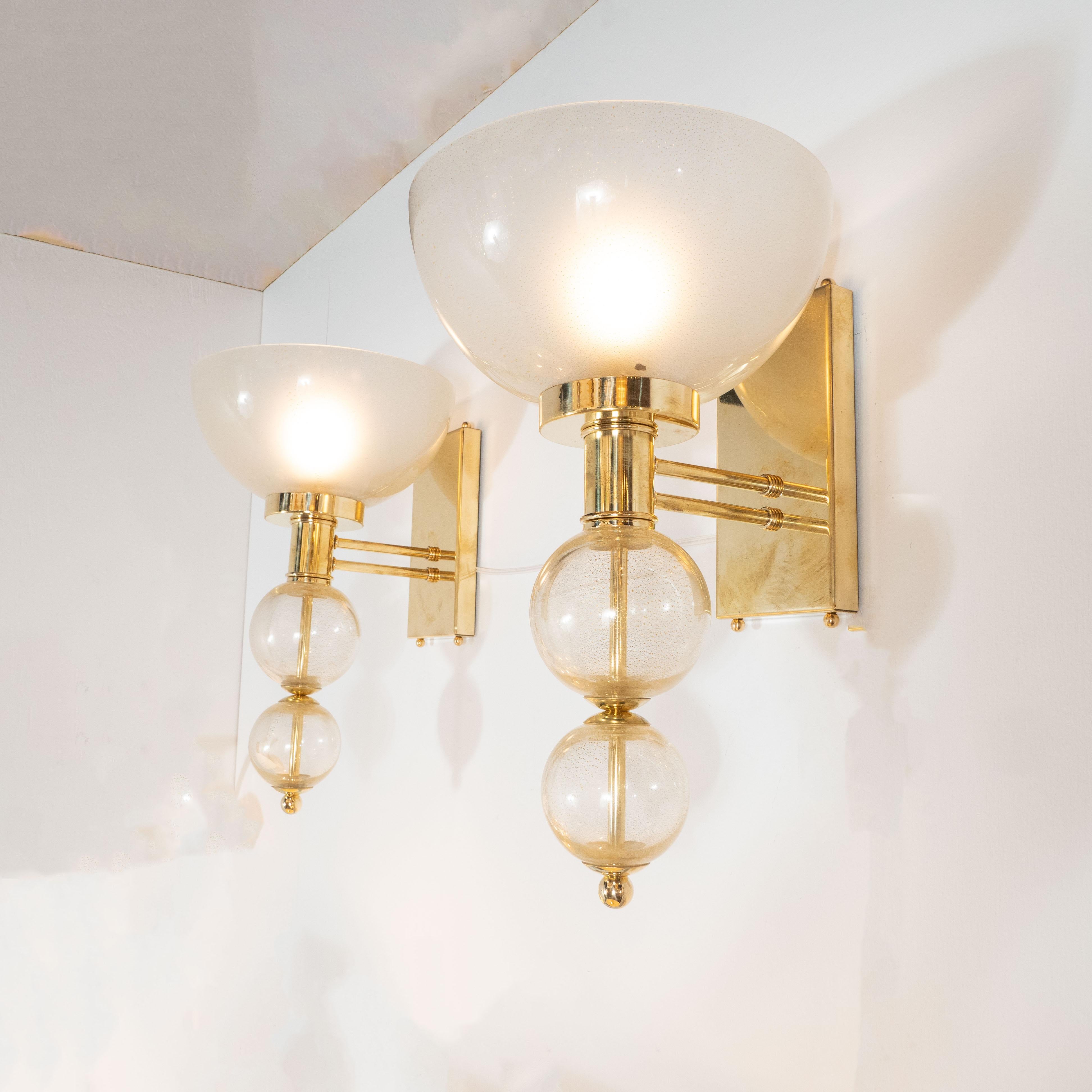 Pair of Ivory Glass and Gold Spheres Murano Glass and Brass Sconces, Italy 2