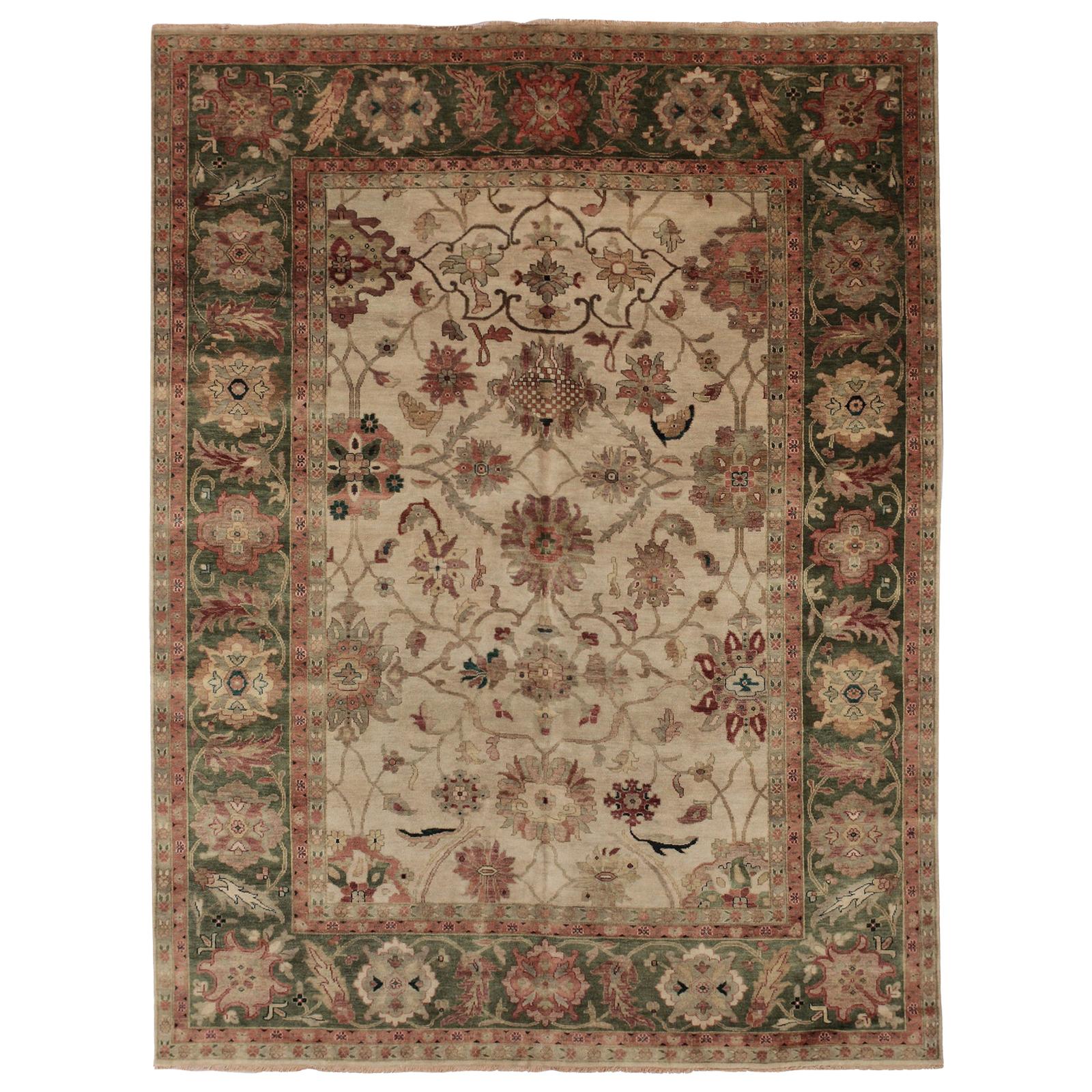 Ivory and Green Contemporary Oushak Area Rug For Sale