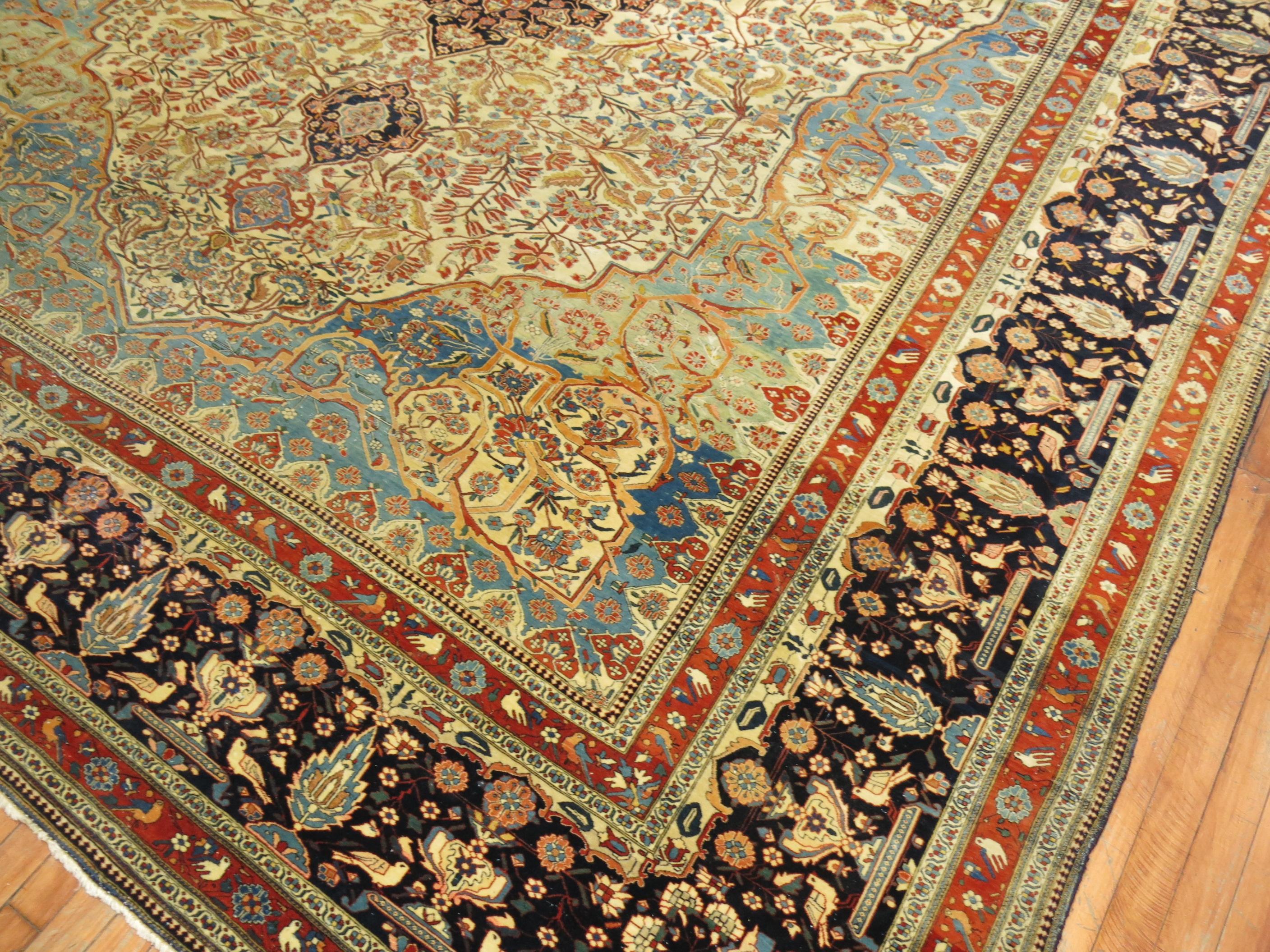 Ivory and Light Blue Antique Mohtasham Kashan Rug 3