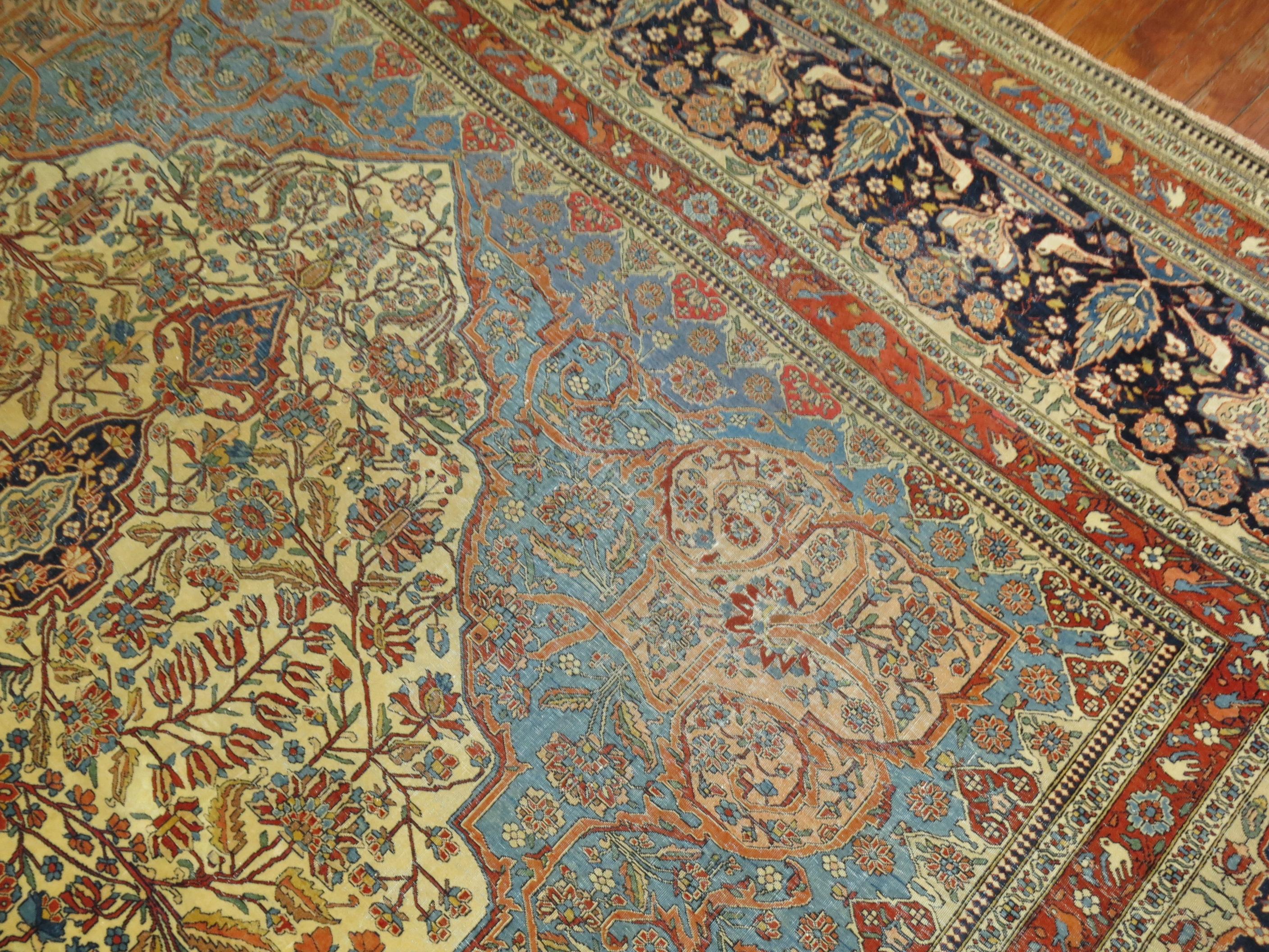 Ivory and Light Blue Antique Mohtasham Kashan Rug 8