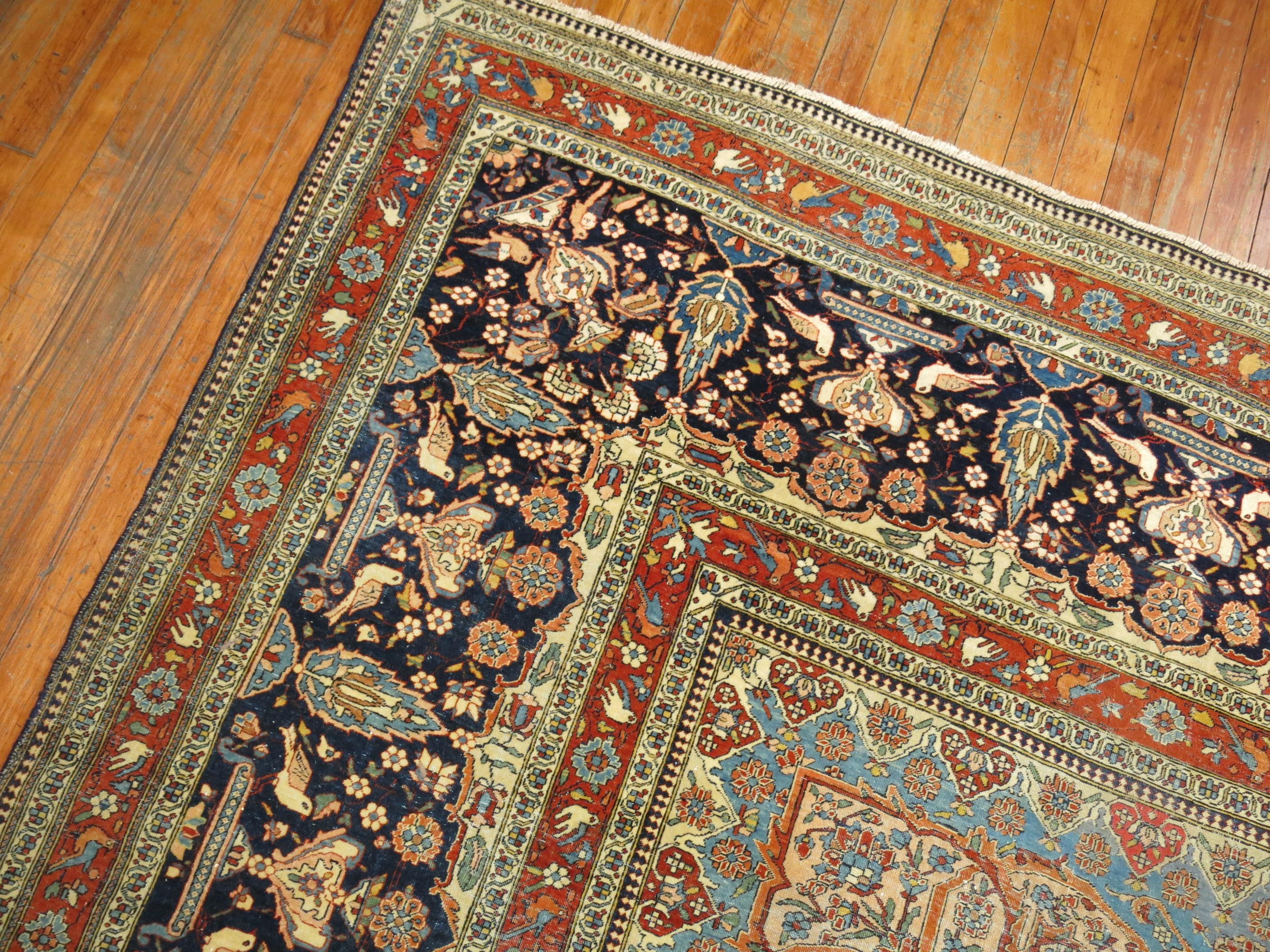 Hand-Woven Ivory and Light Blue Antique Mohtasham Kashan Rug