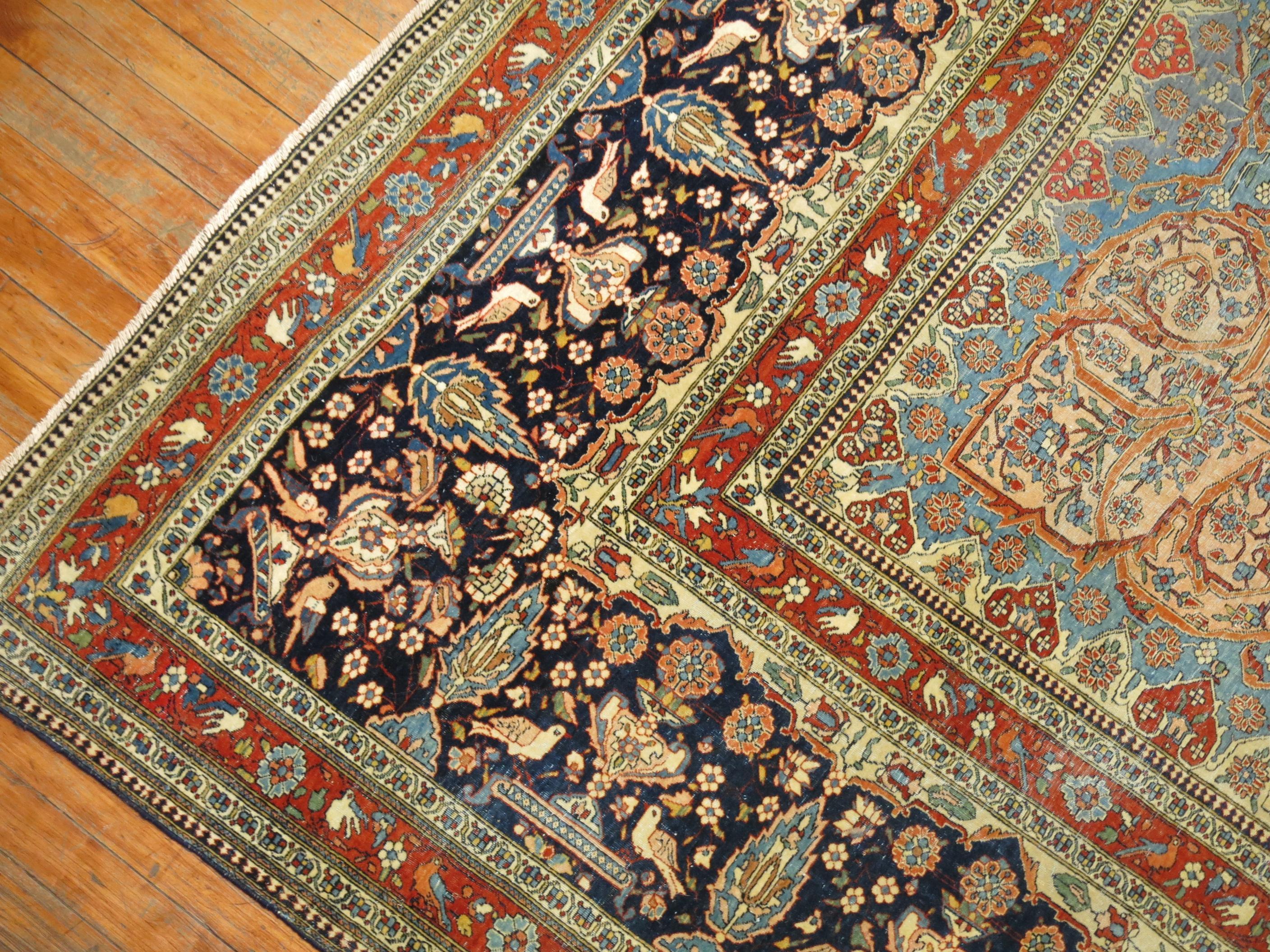 Ivory and Light Blue Antique Mohtasham Kashan Rug In Good Condition In New York, NY