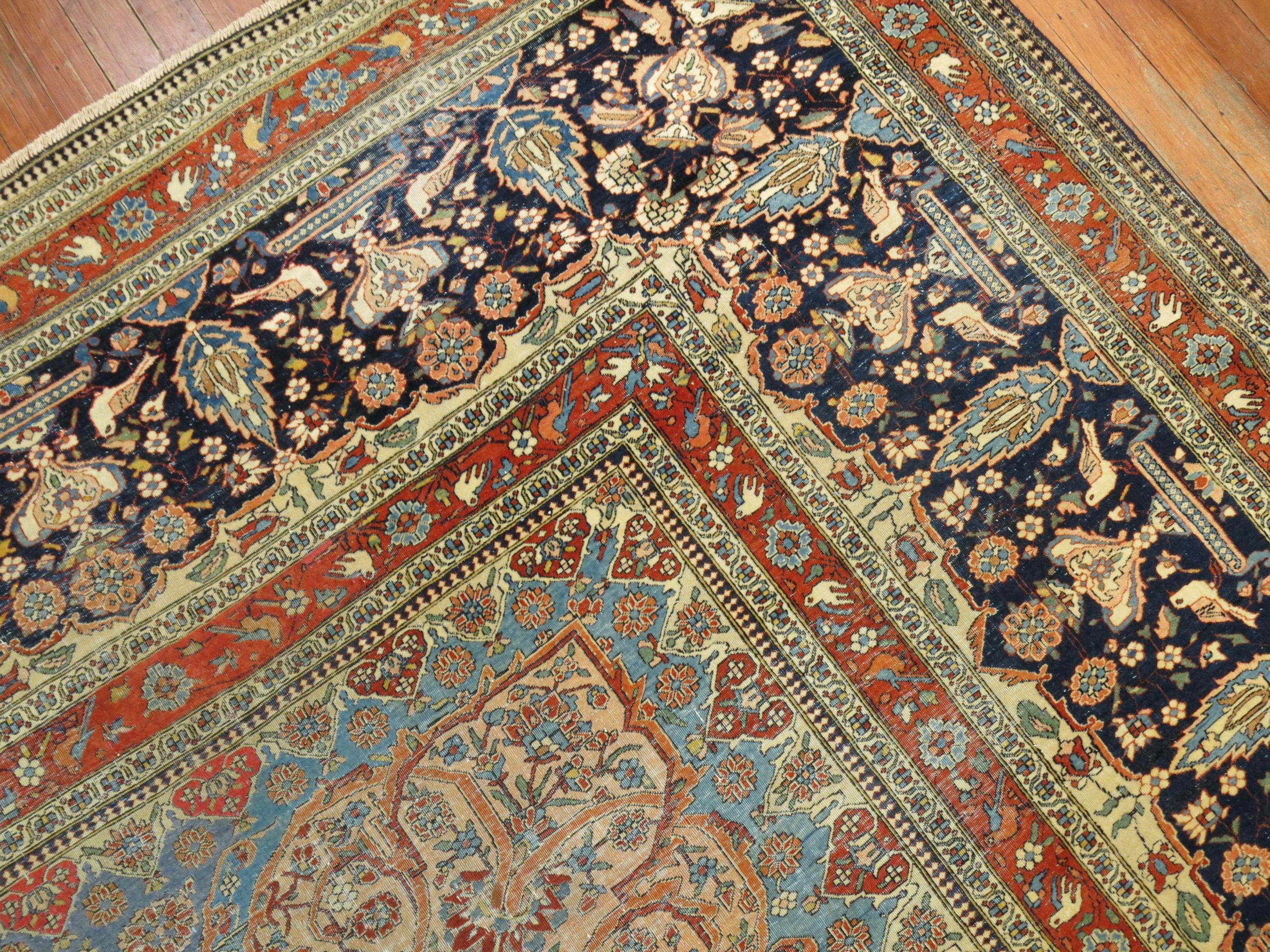 Ivory and Light Blue Antique Mohtasham Kashan Rug 2