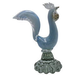 Vintage Ivory and Light Blue Bullicante Murano Rooster, circa 1960