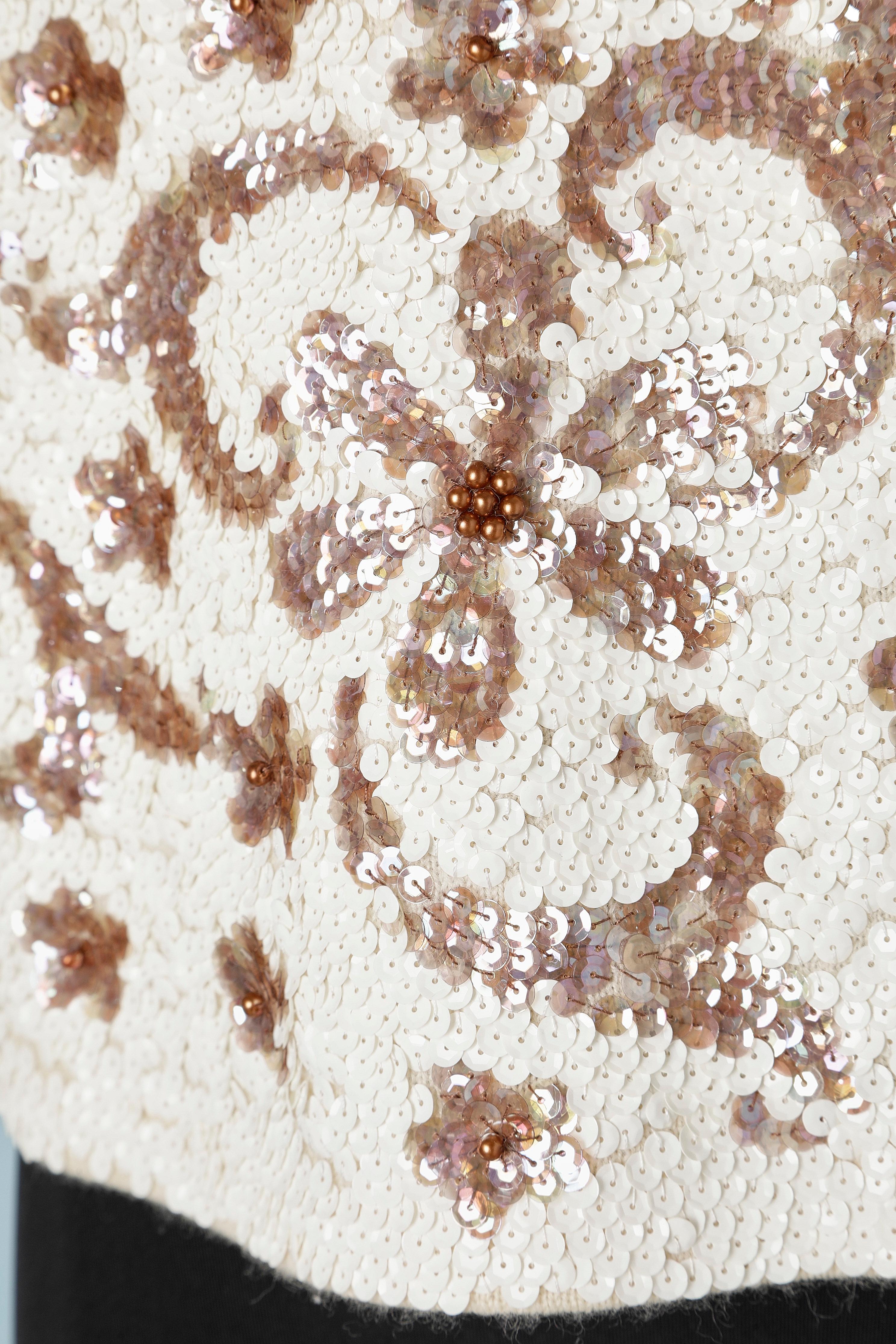 White Ivory and light brown sequin sleeveless top VALENTINA Circa 1960's For Sale